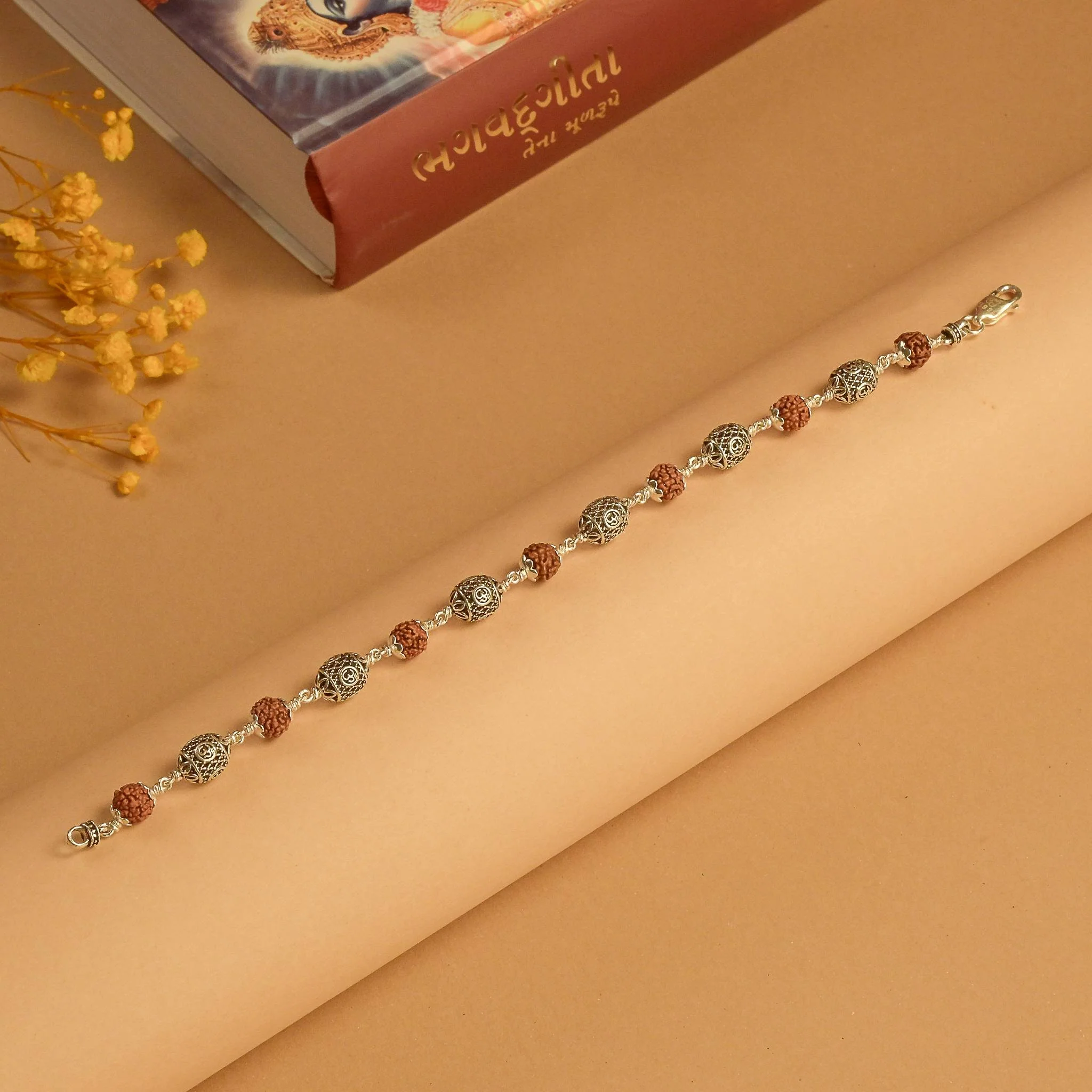 Rudraksha with Oval Om Silver Beads Bracelet - Image 2