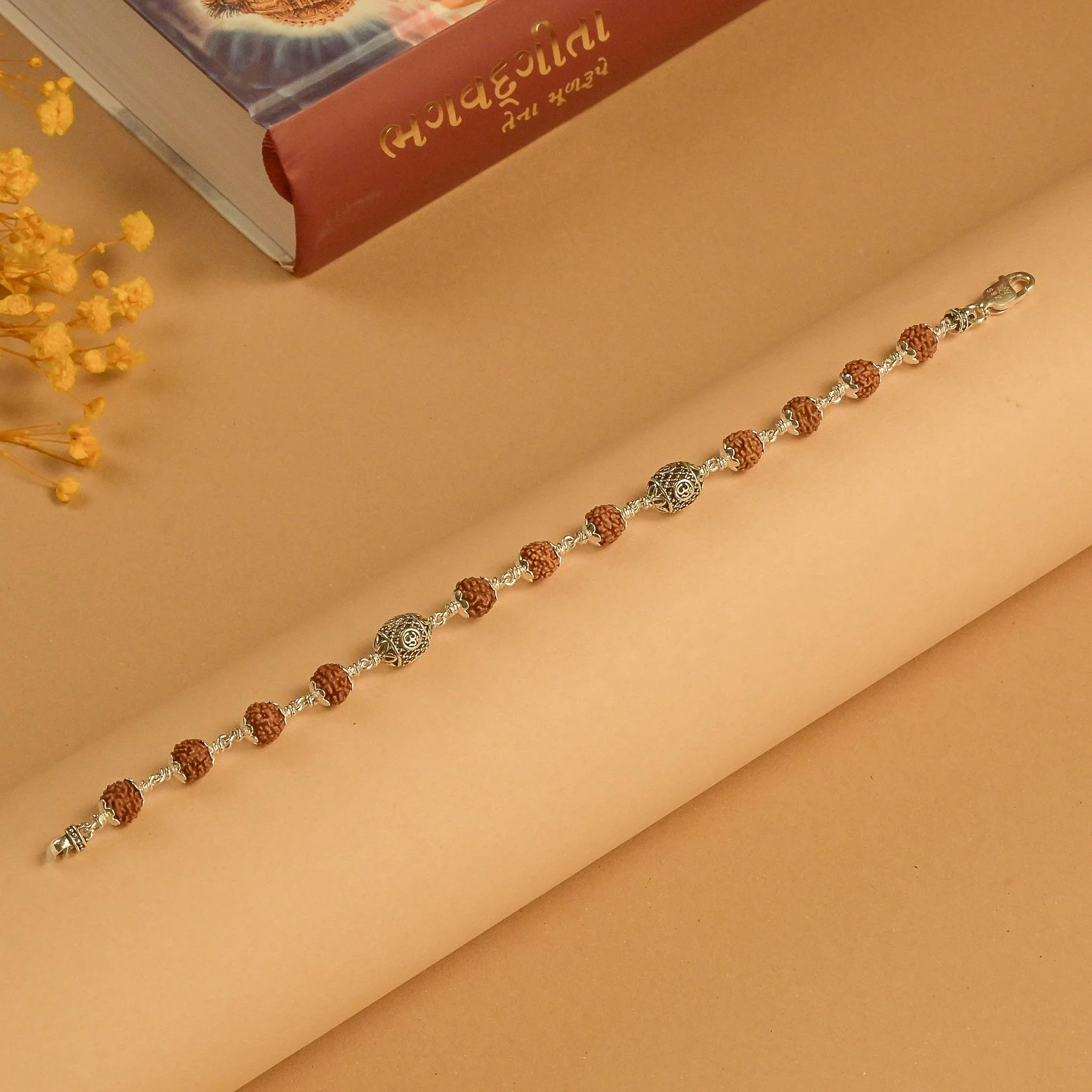 Rudraksha with Oval Om Silver Beads Bracelet - Image 2