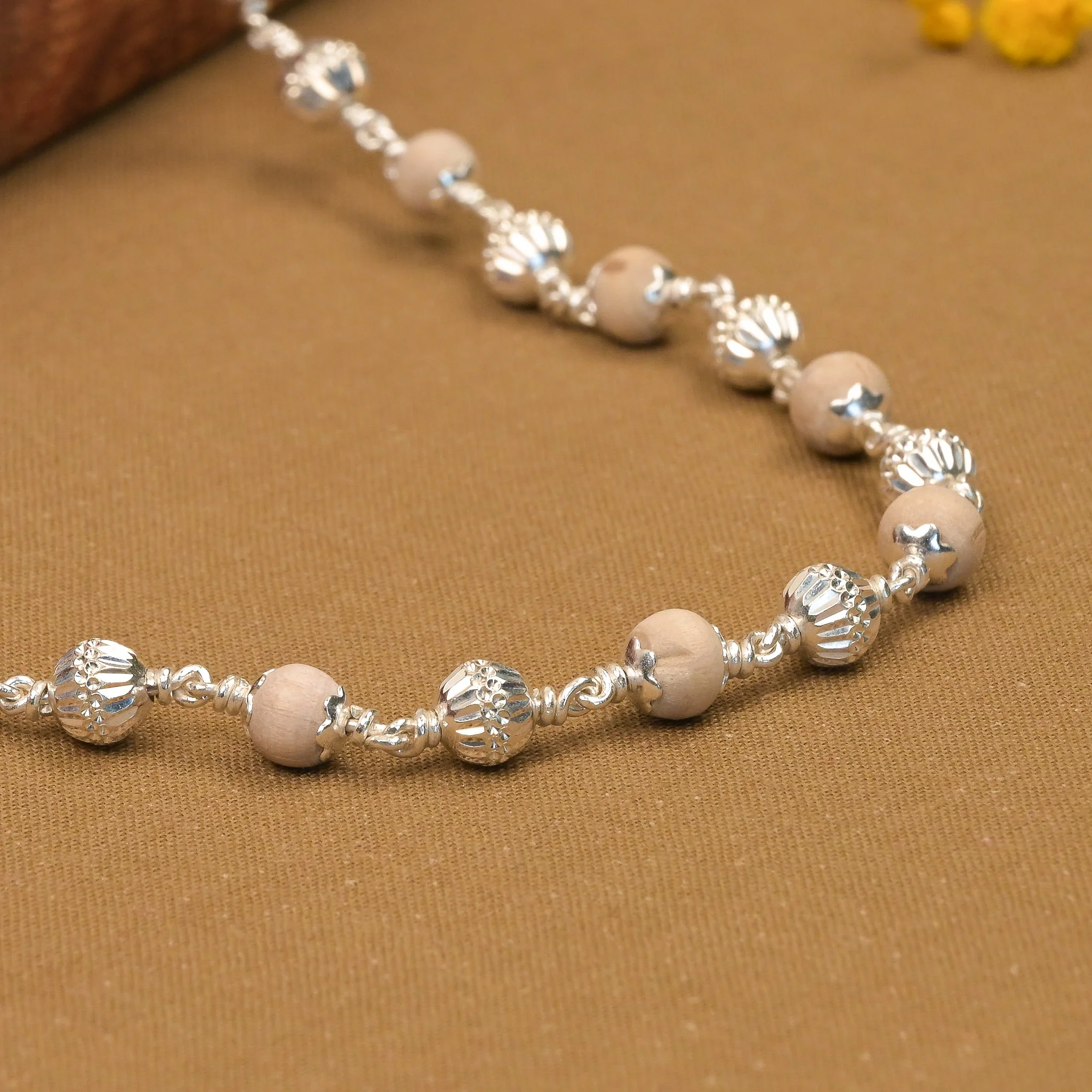 5-6 mm Tulsi With CNC Silver Beads Mala
