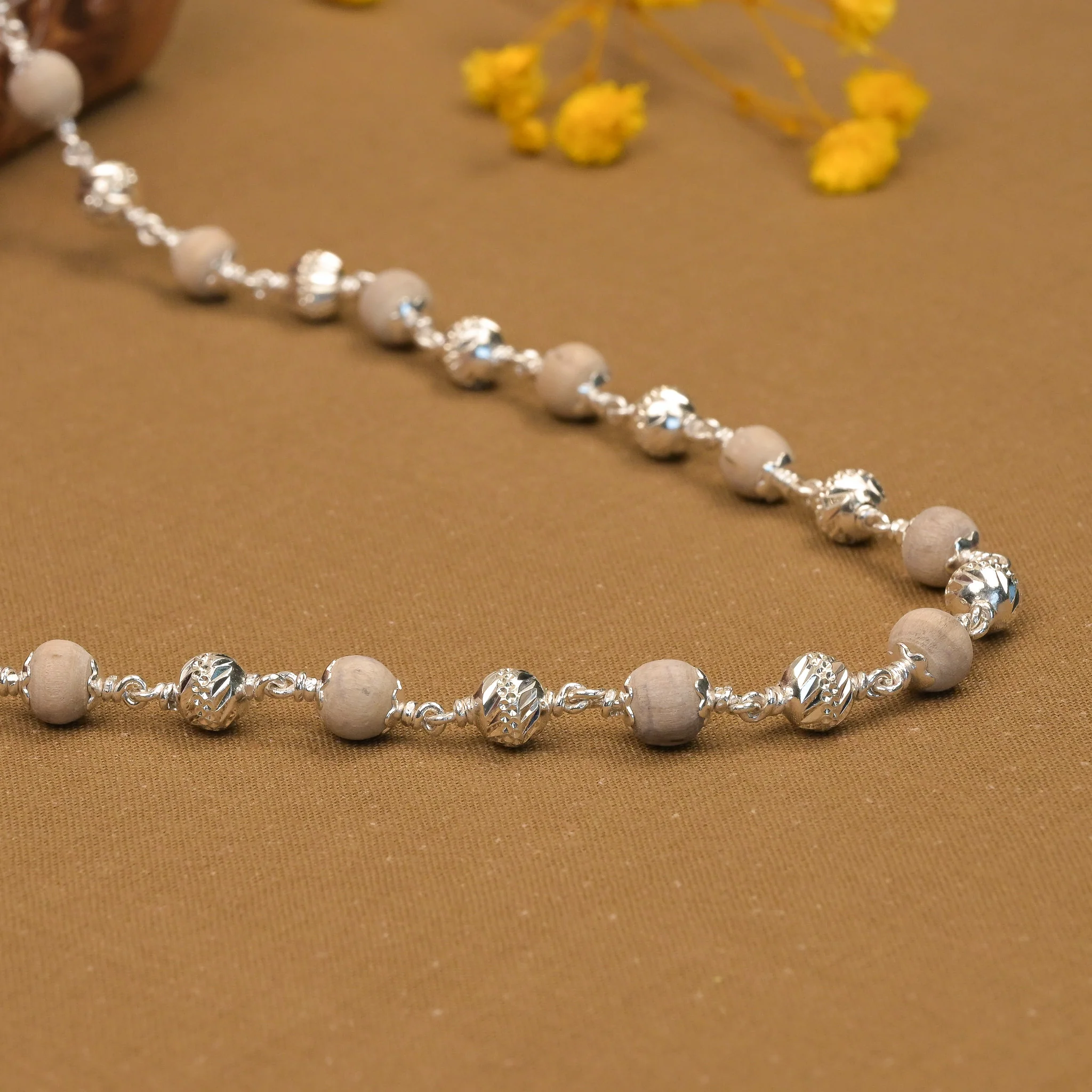 5-6 mm Tulsi With CNC Silver Beads Mala