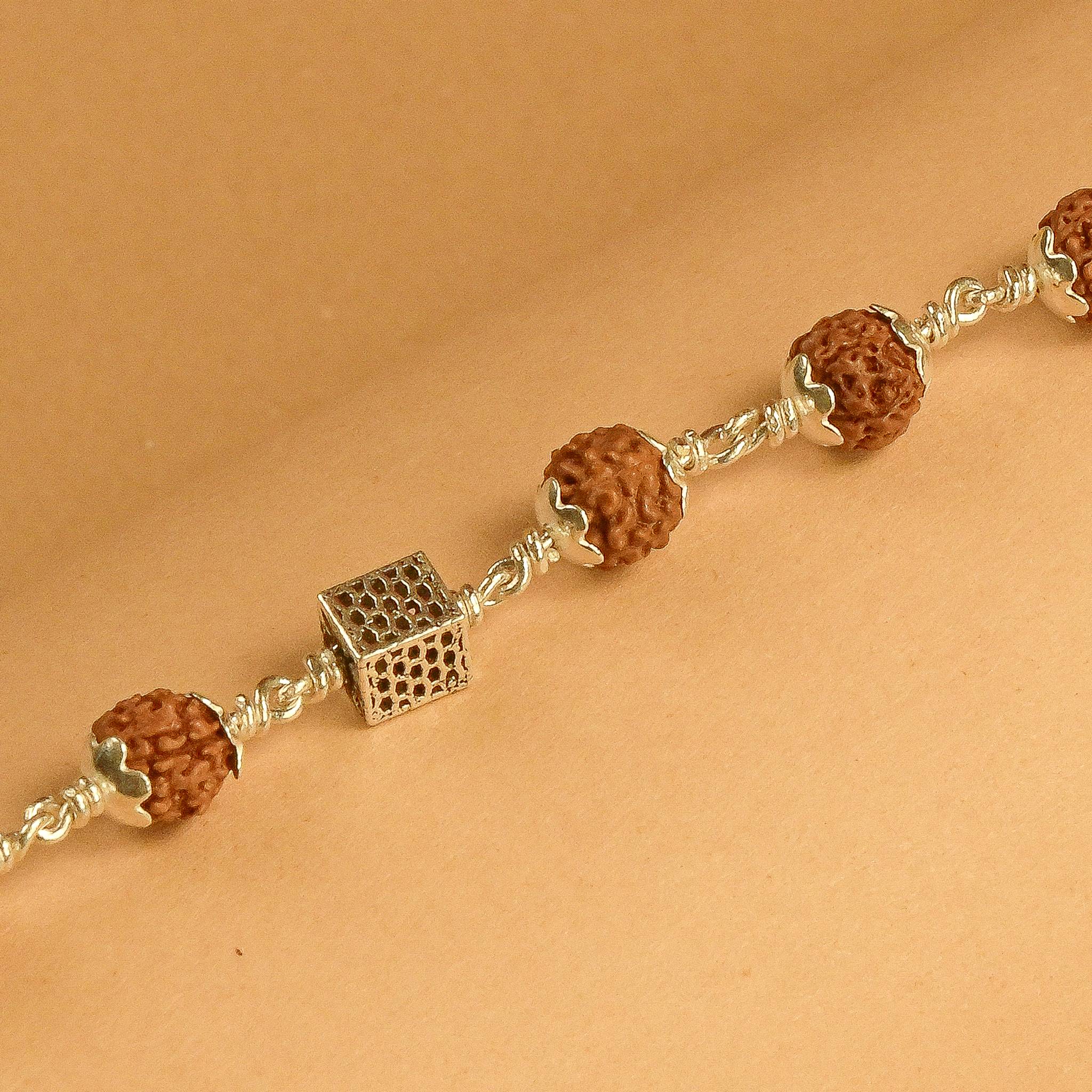 Rudraksha Silver Square Cylinder Bracelet