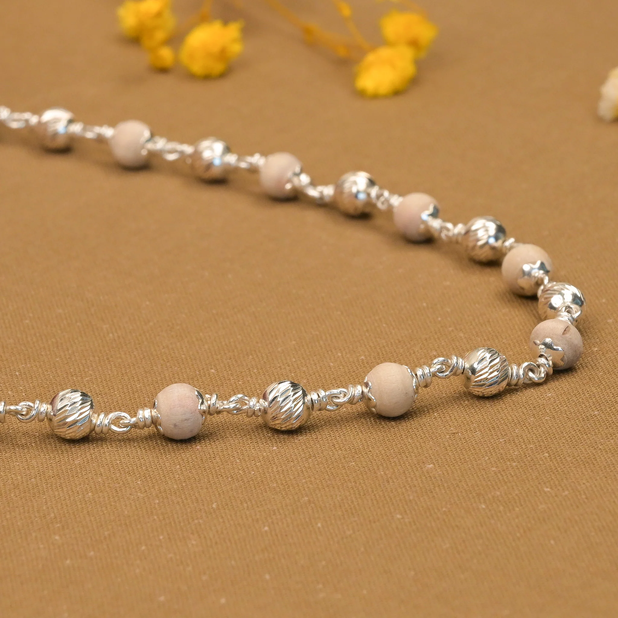 5-6 mm Tulsi With CNC Silver Beads Mala