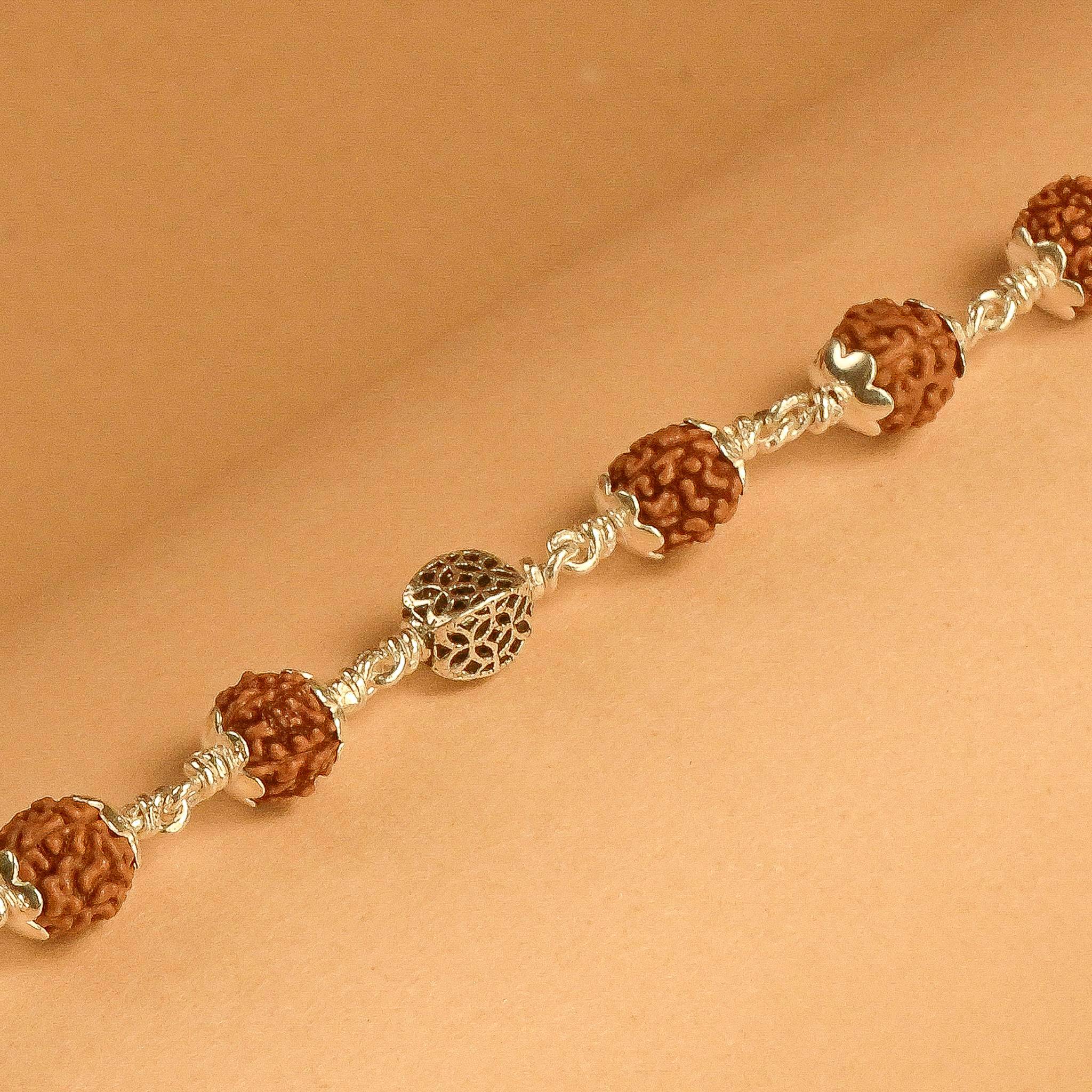 Rudraksha With Hollow Circular Silver Beads Bracelet