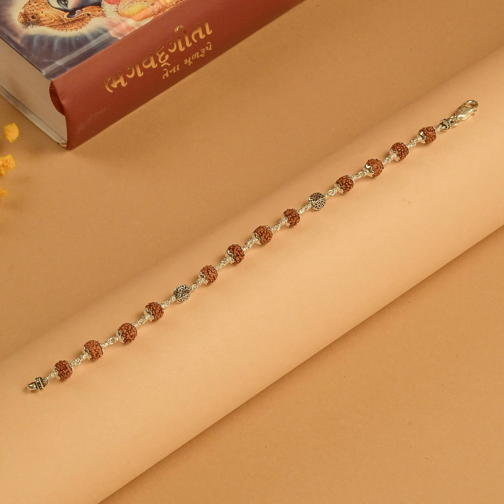 Rudraksha With Hollow Circular Silver Beads Bracelet - Image 2