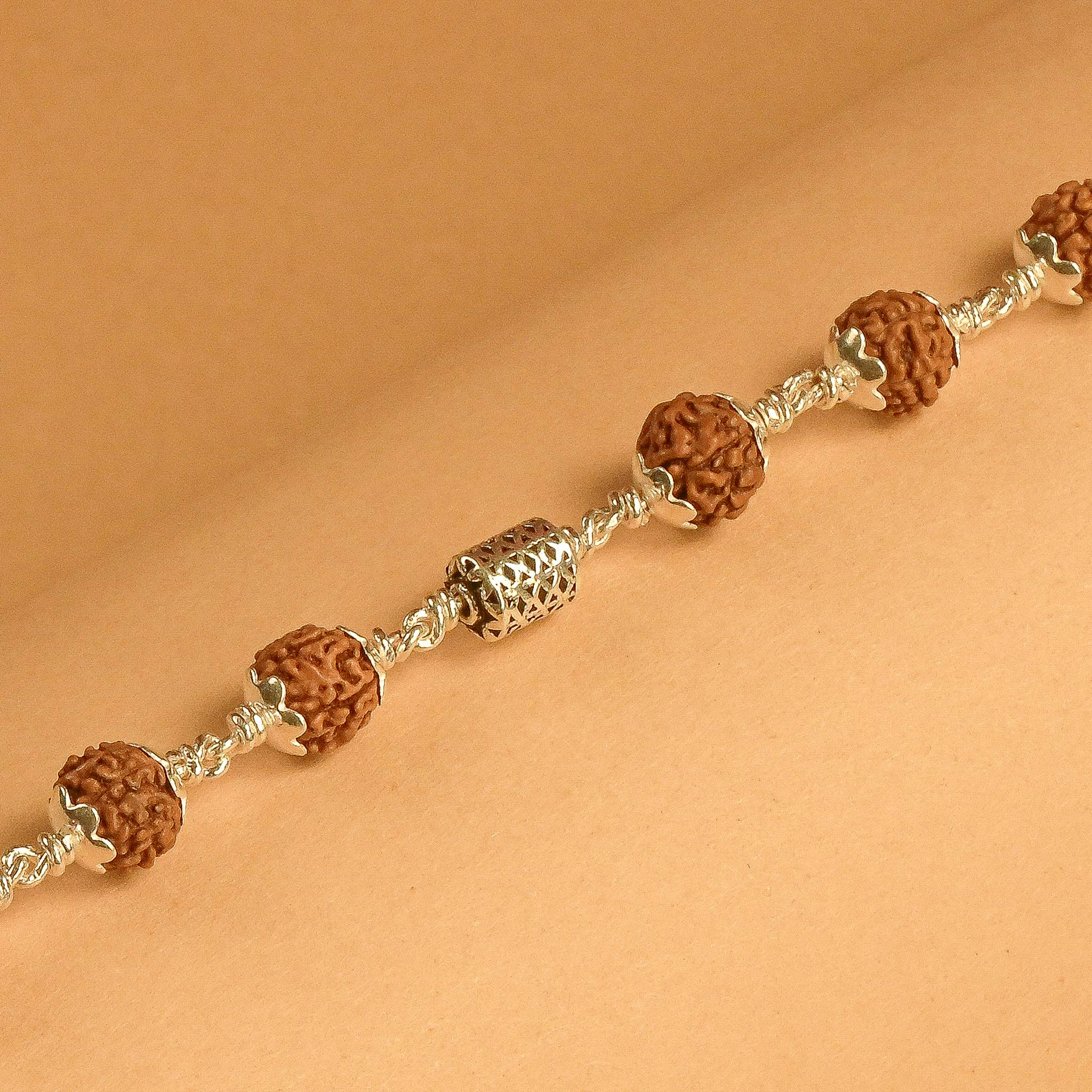 Rudraksha With Silver Oval Filigree Beads Bracelet