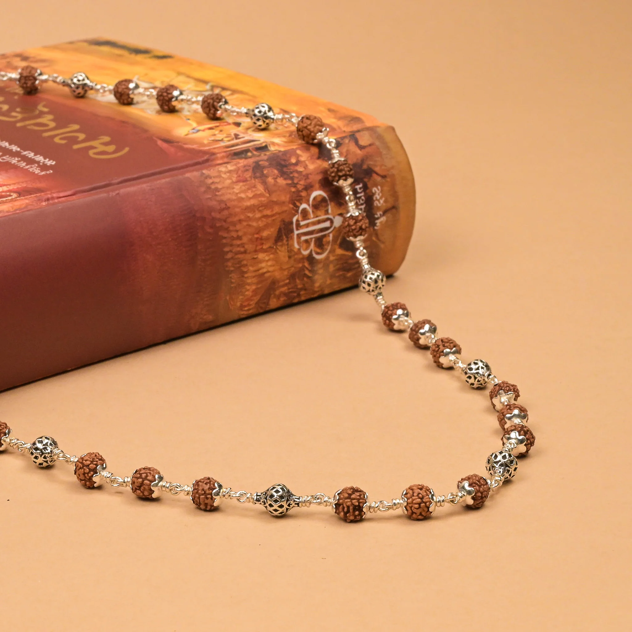 Rudraksha With Ornate Sphere Silver Beads Mala - Image 2