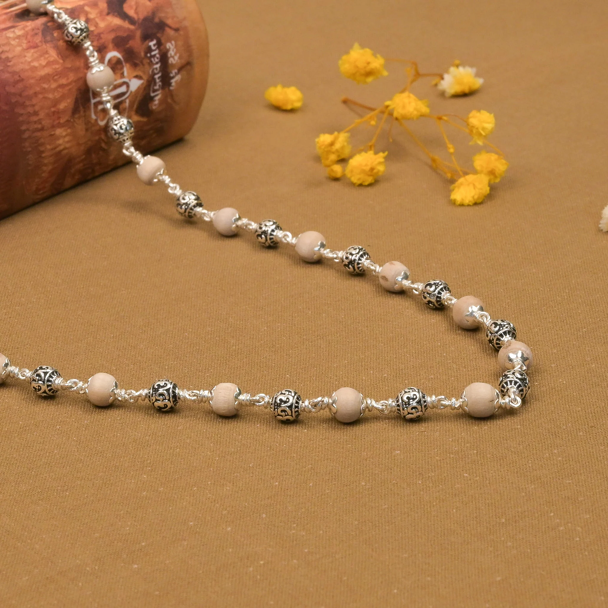 5-6 mm Tulsi With Om Silver Beads Mala - Image 2