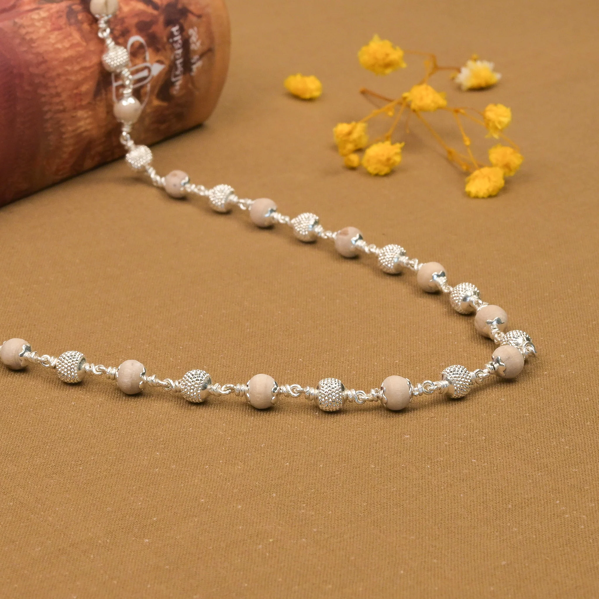 5-6 mm Tulsi With CNC Silver Beads Mala - Image 2