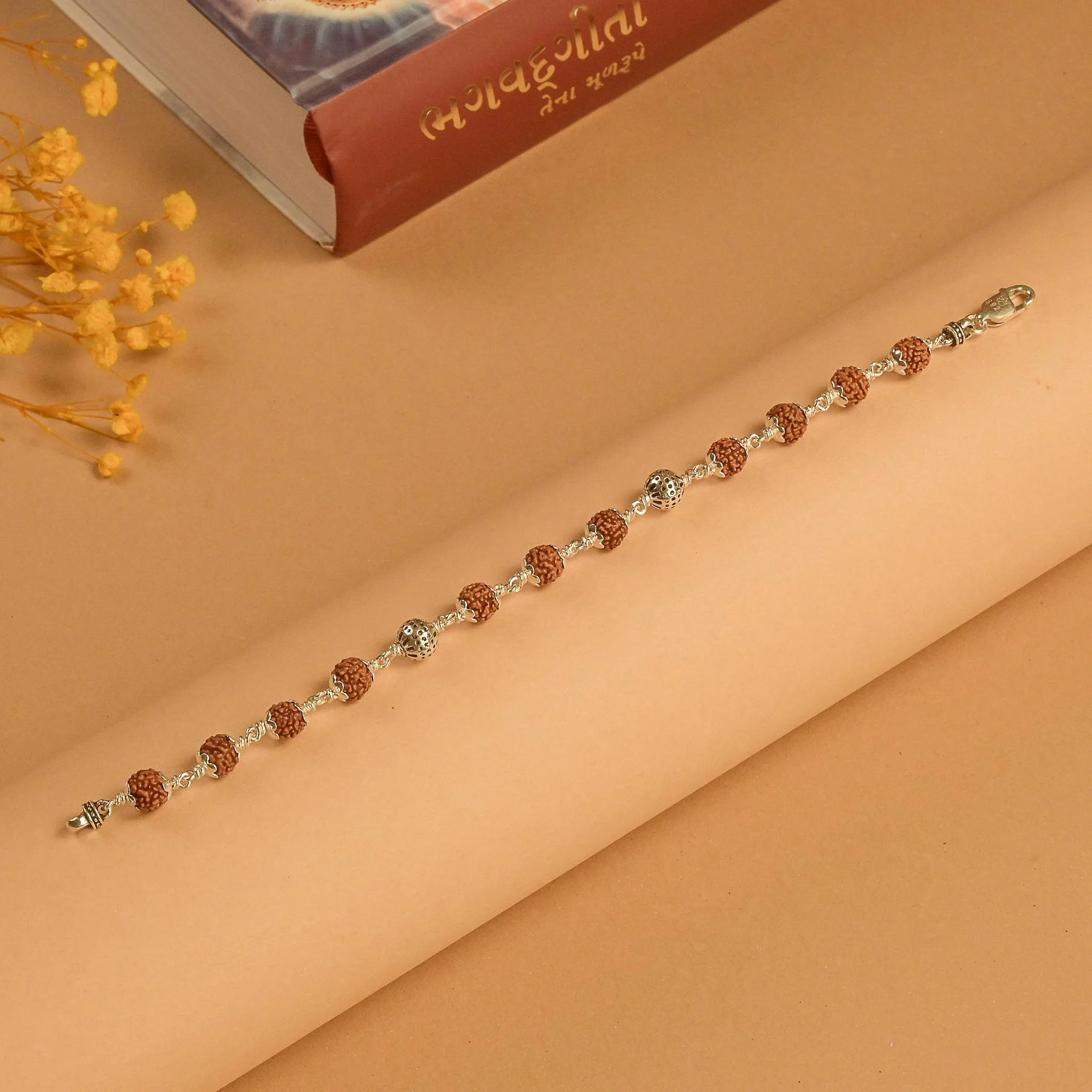 Rudraksha With Round Beads Silver Bracelet - Image 2
