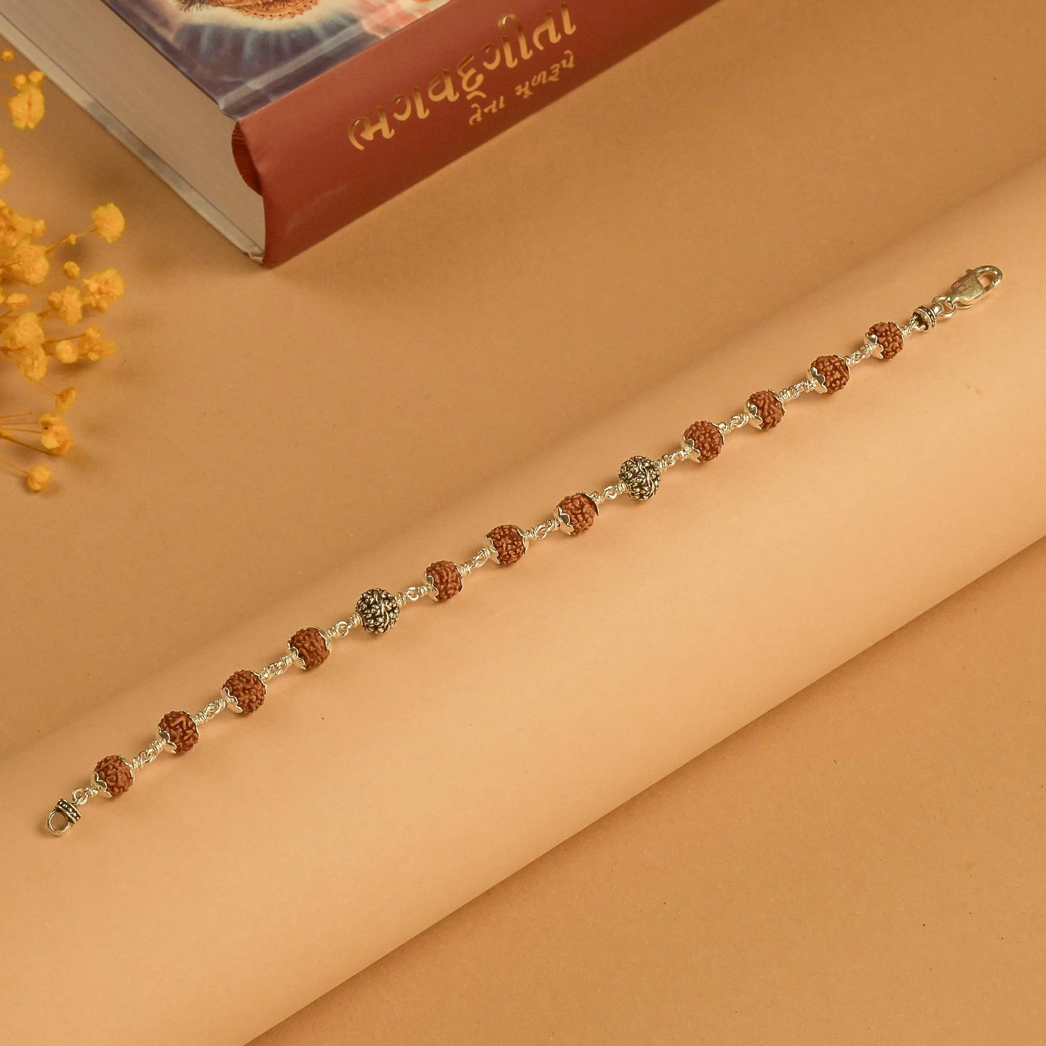 Rudraksha With Silver Flower Beads Bracelet - Image 2