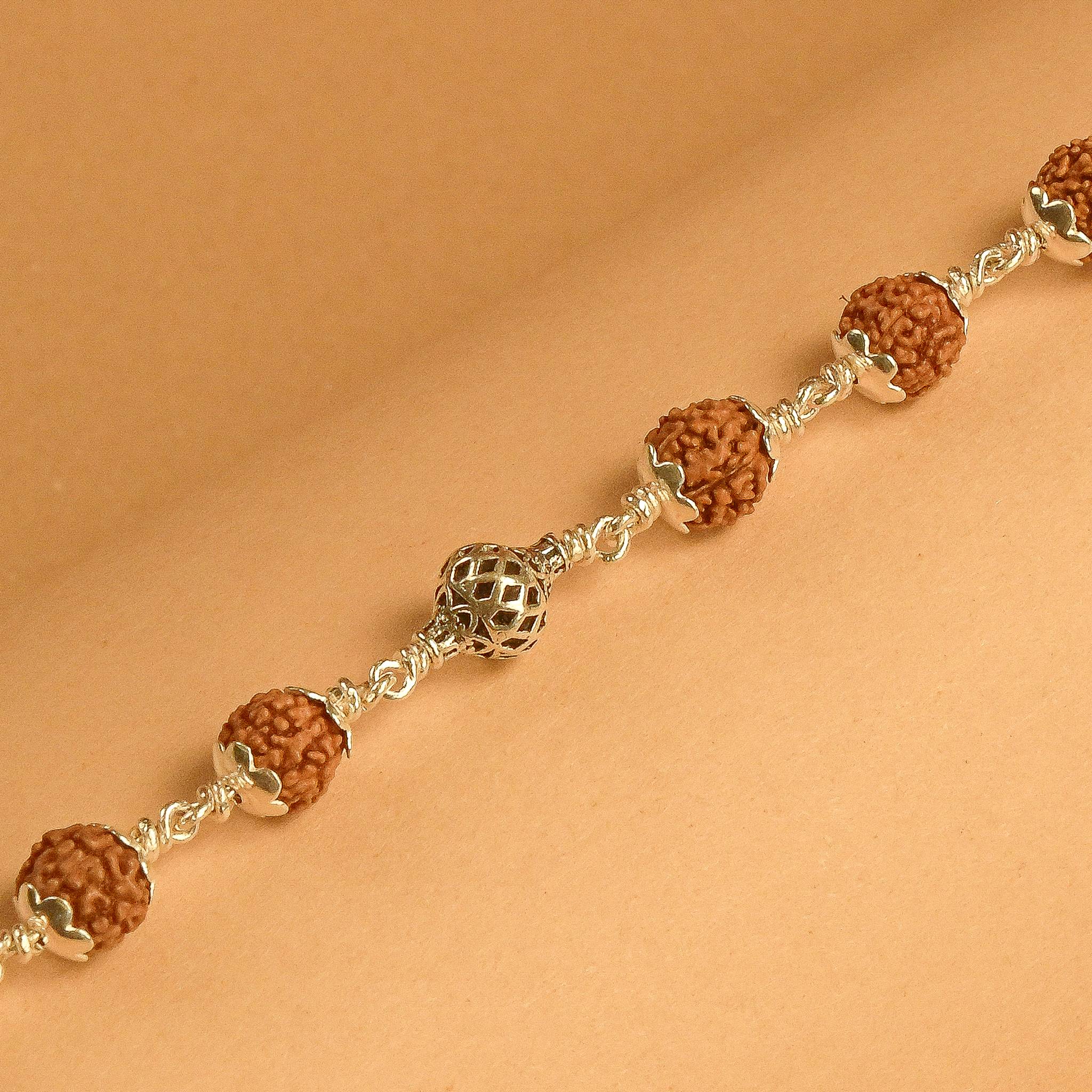 Rudraksha With Hollow Mesh Silver Beads Bracelet