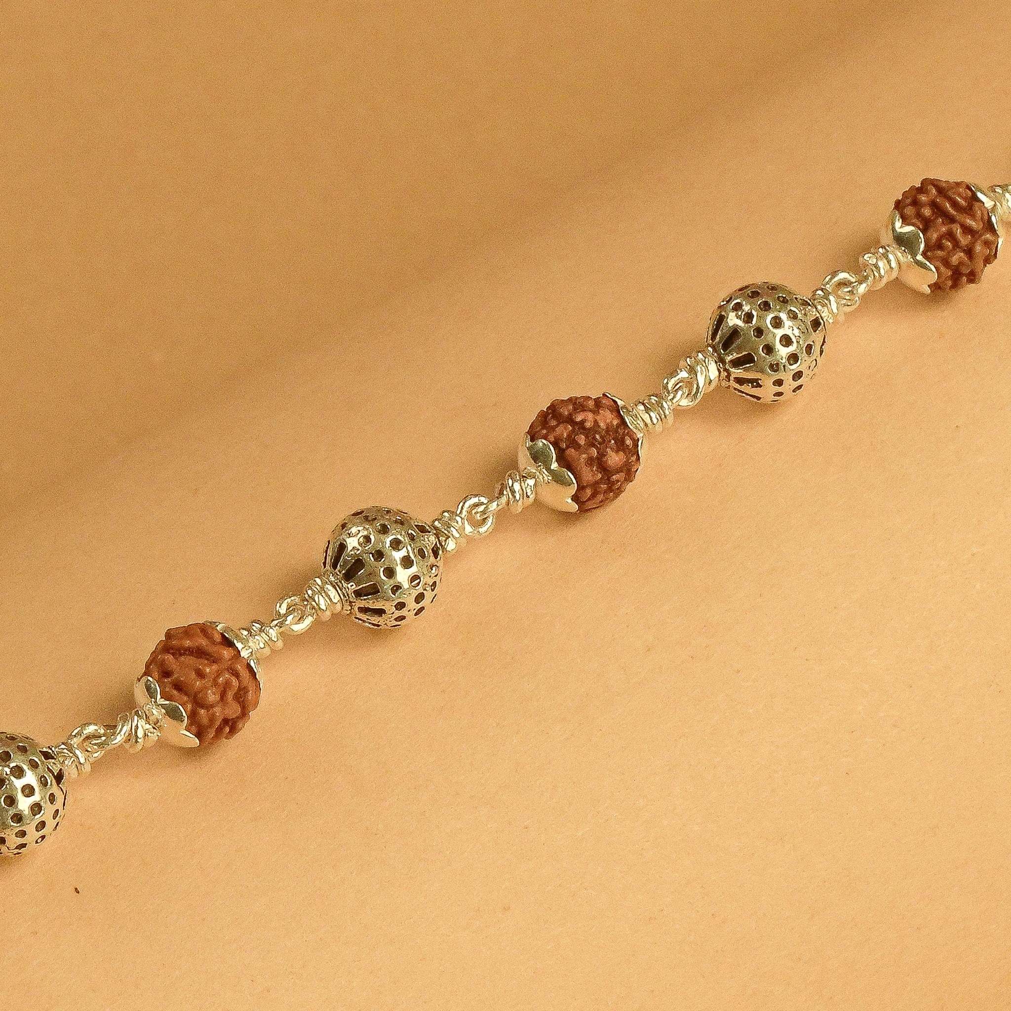 Rudraksha With Round Beads Silver Bracelet