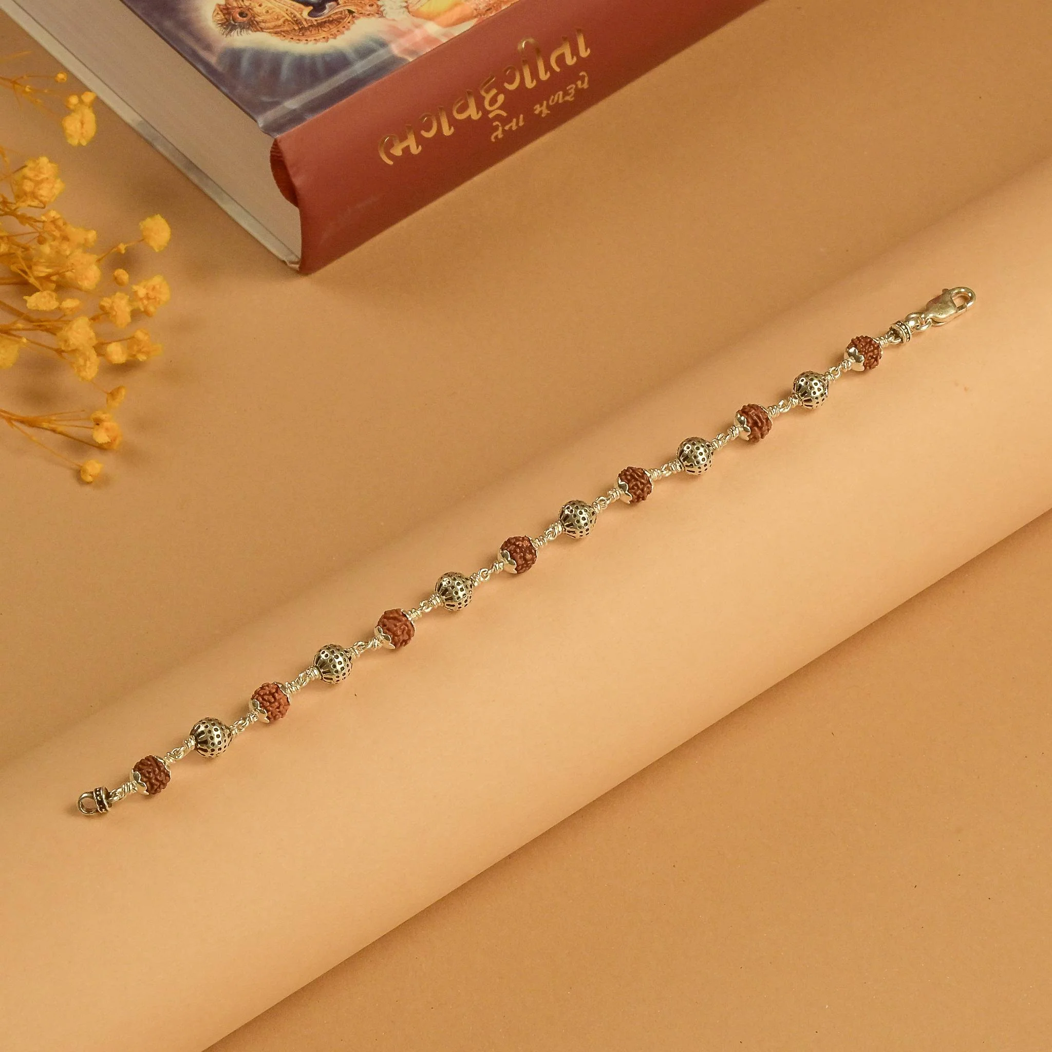 Rudraksha With Round Beads Silver Bracelet - Image 2