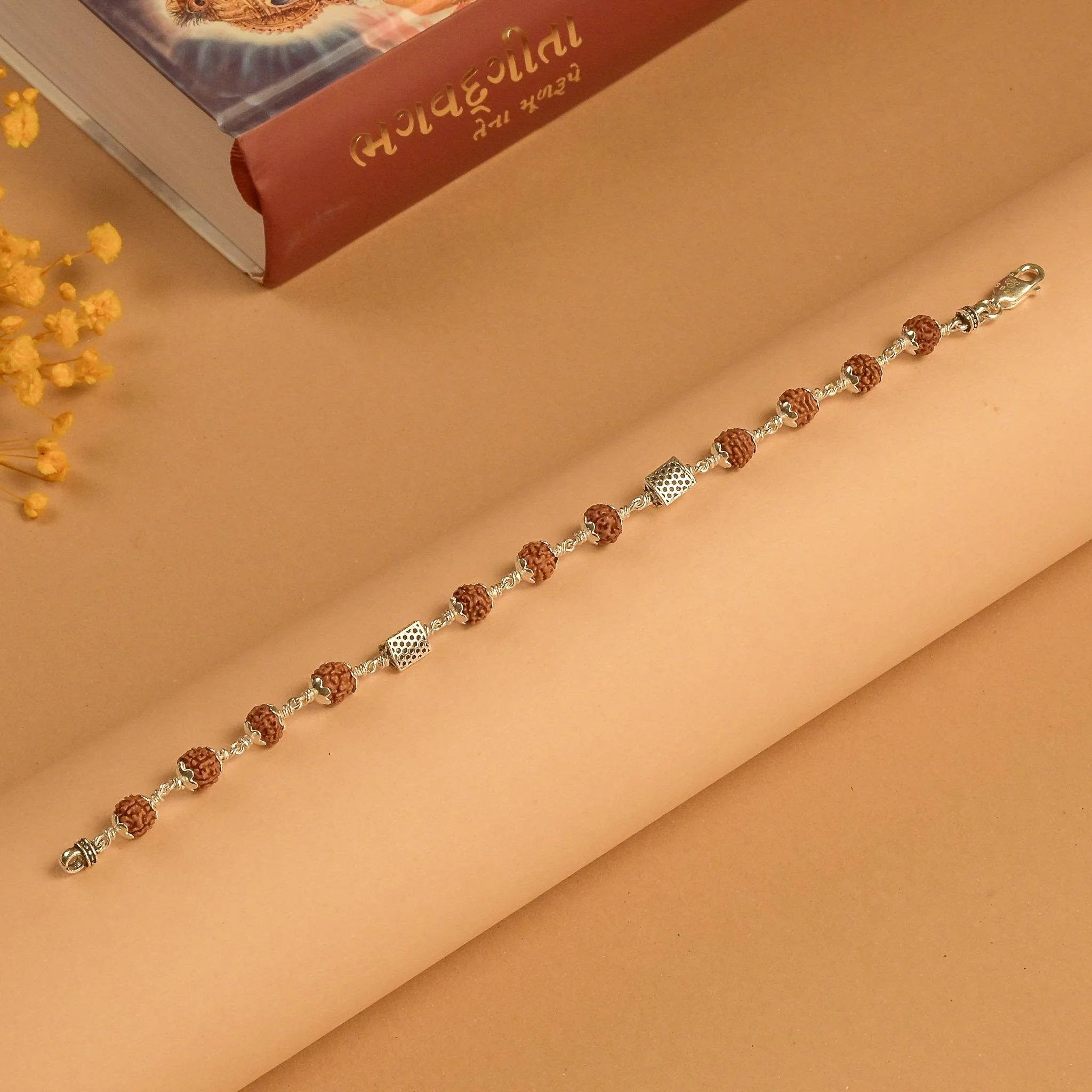 Rudraksha and Triangle Silver Beads Bracelet - Image 2