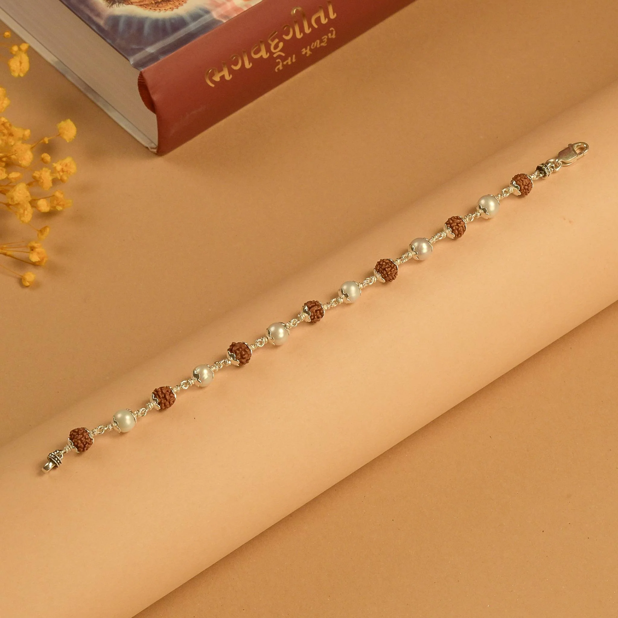 Rudraksha With Moti Beads Silver Bracelet - Image 2