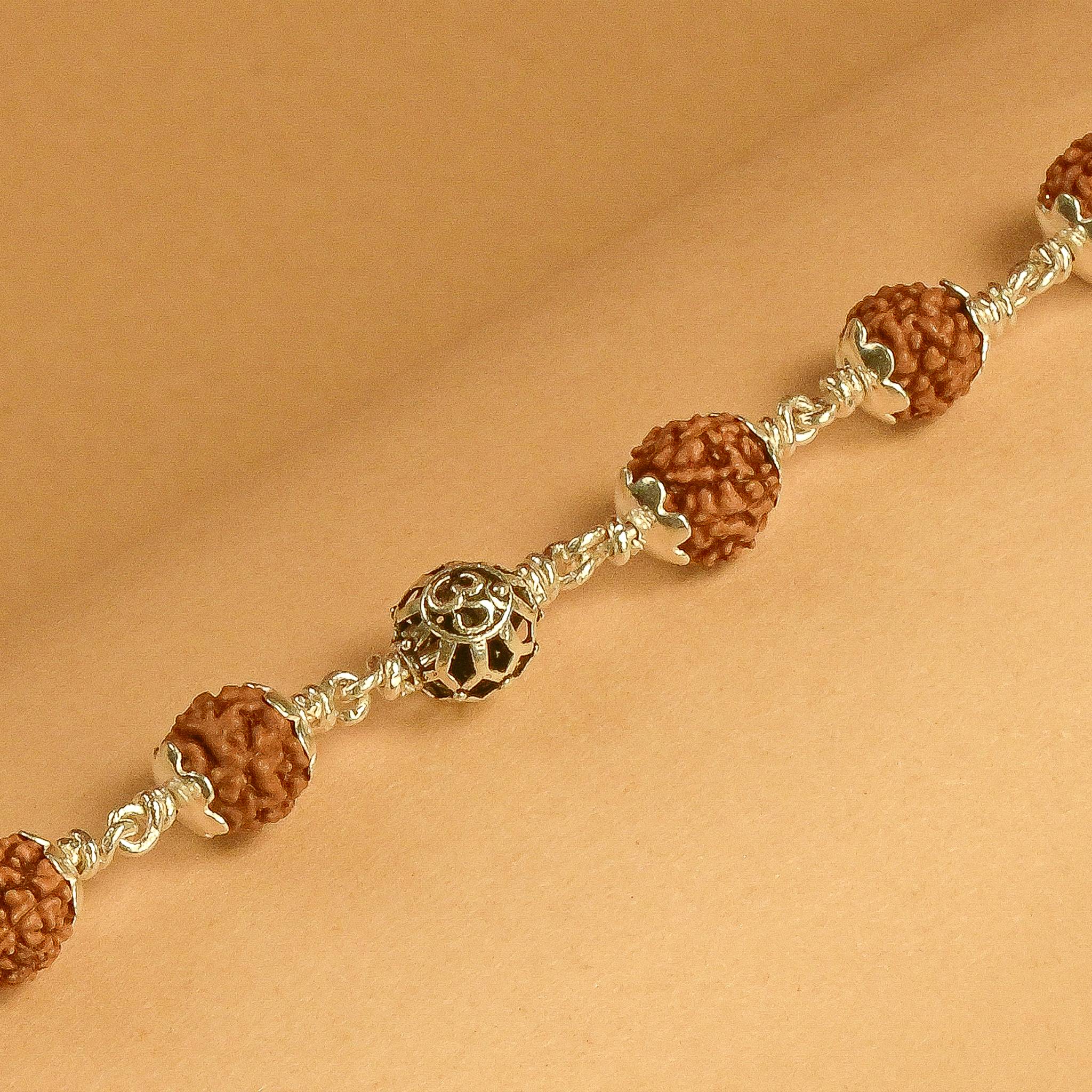Rudraksha With Round Om Beads Silver Bracelet
