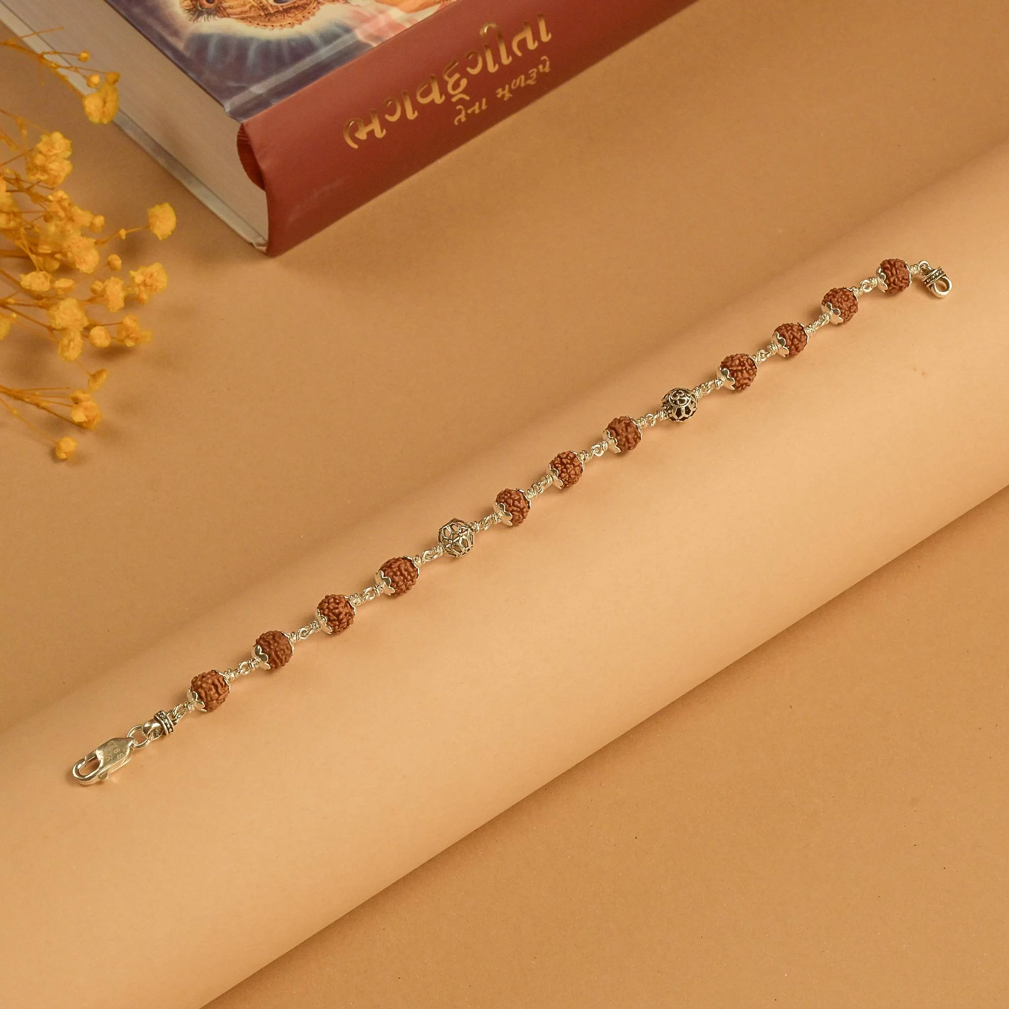 Rudraksha With Round Om Beads Silver Bracelet - Image 2