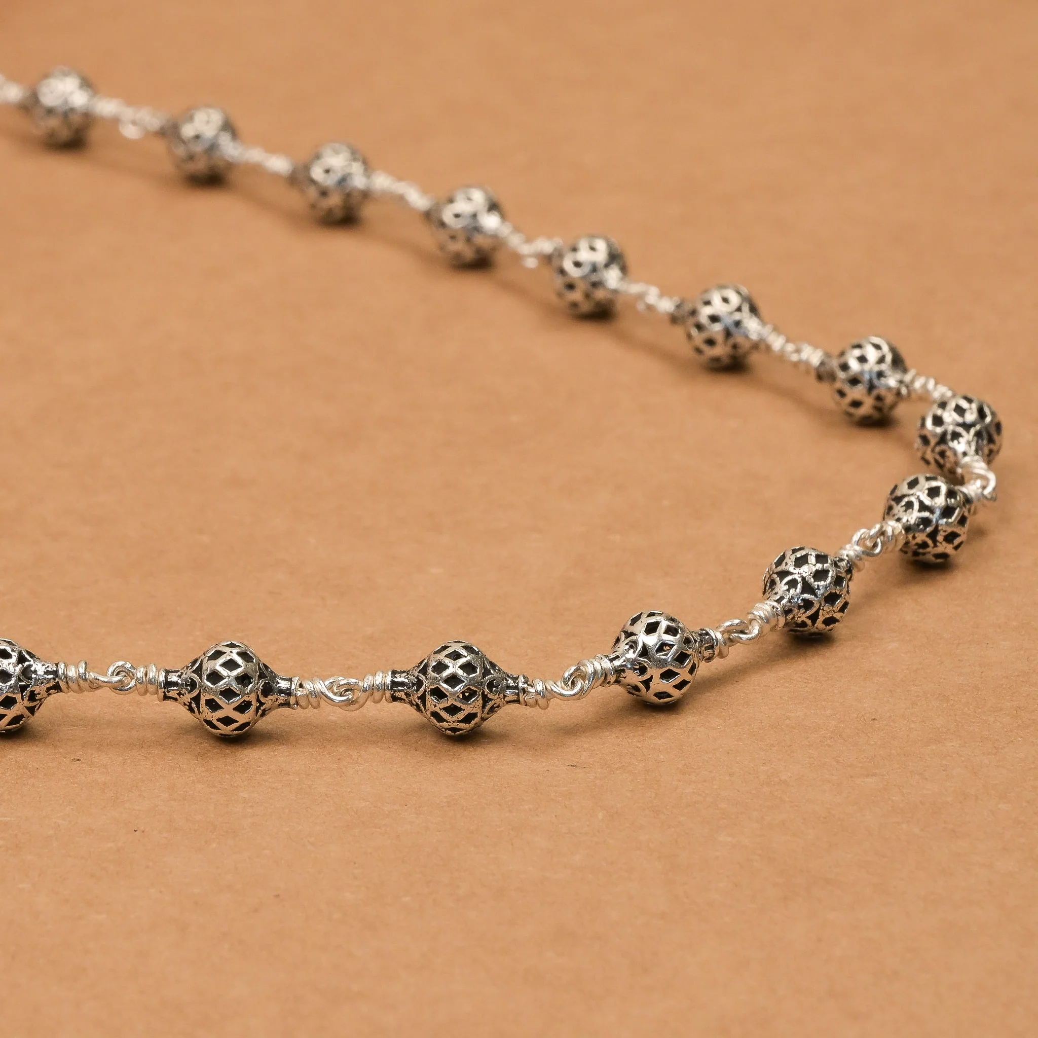 Ornate Sphere Silver Beads Mala