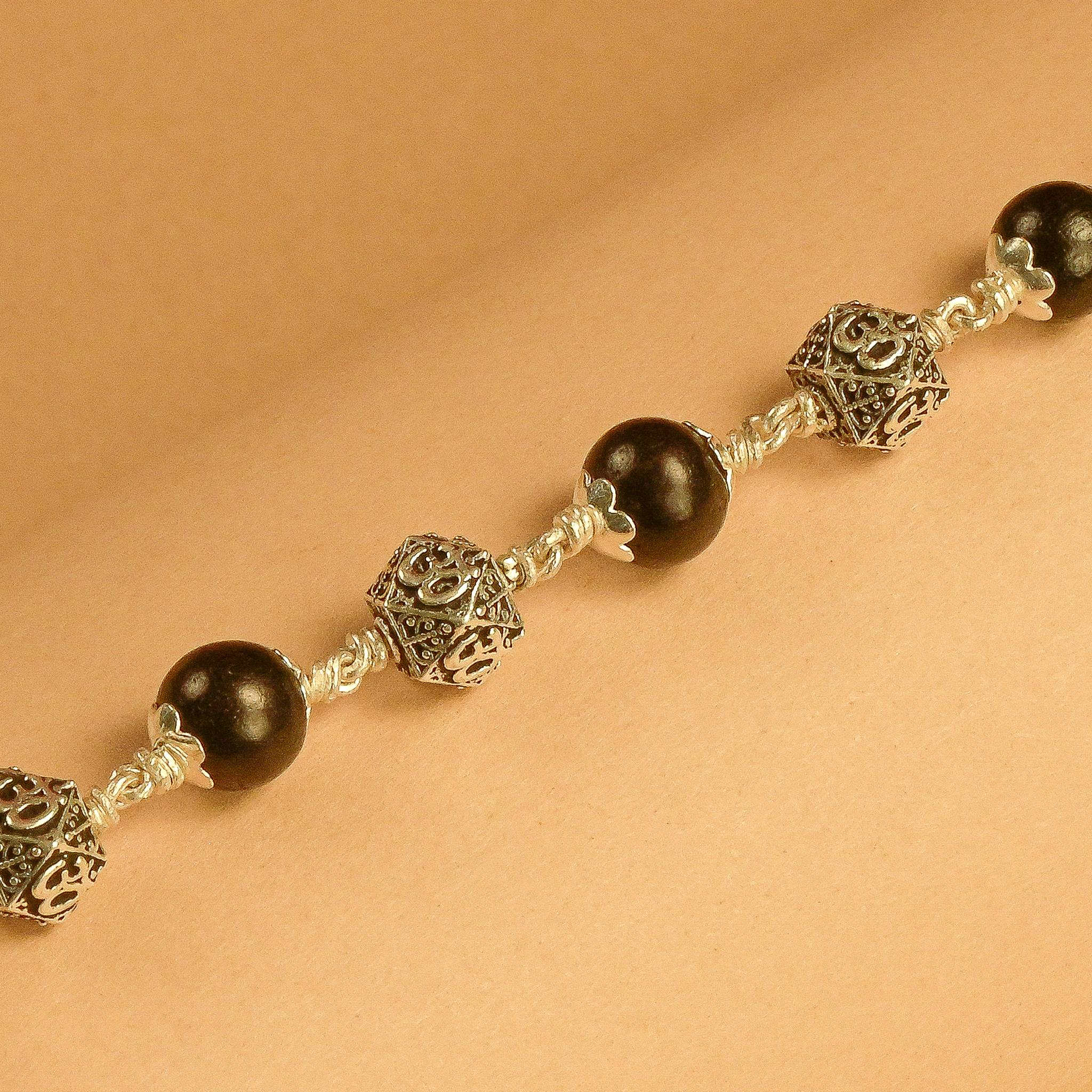 Karungali With Hexagone Om Beads Silver Bracelet