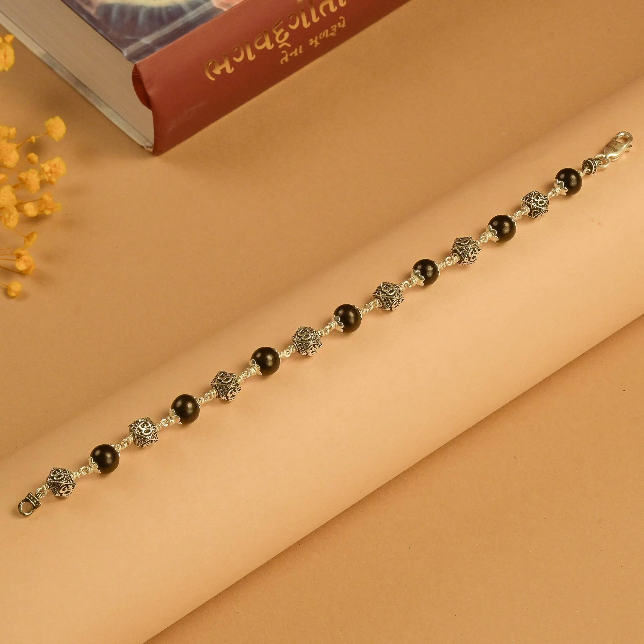 Karungali With Hexagone Om Beads Silver Bracelet - Image 2