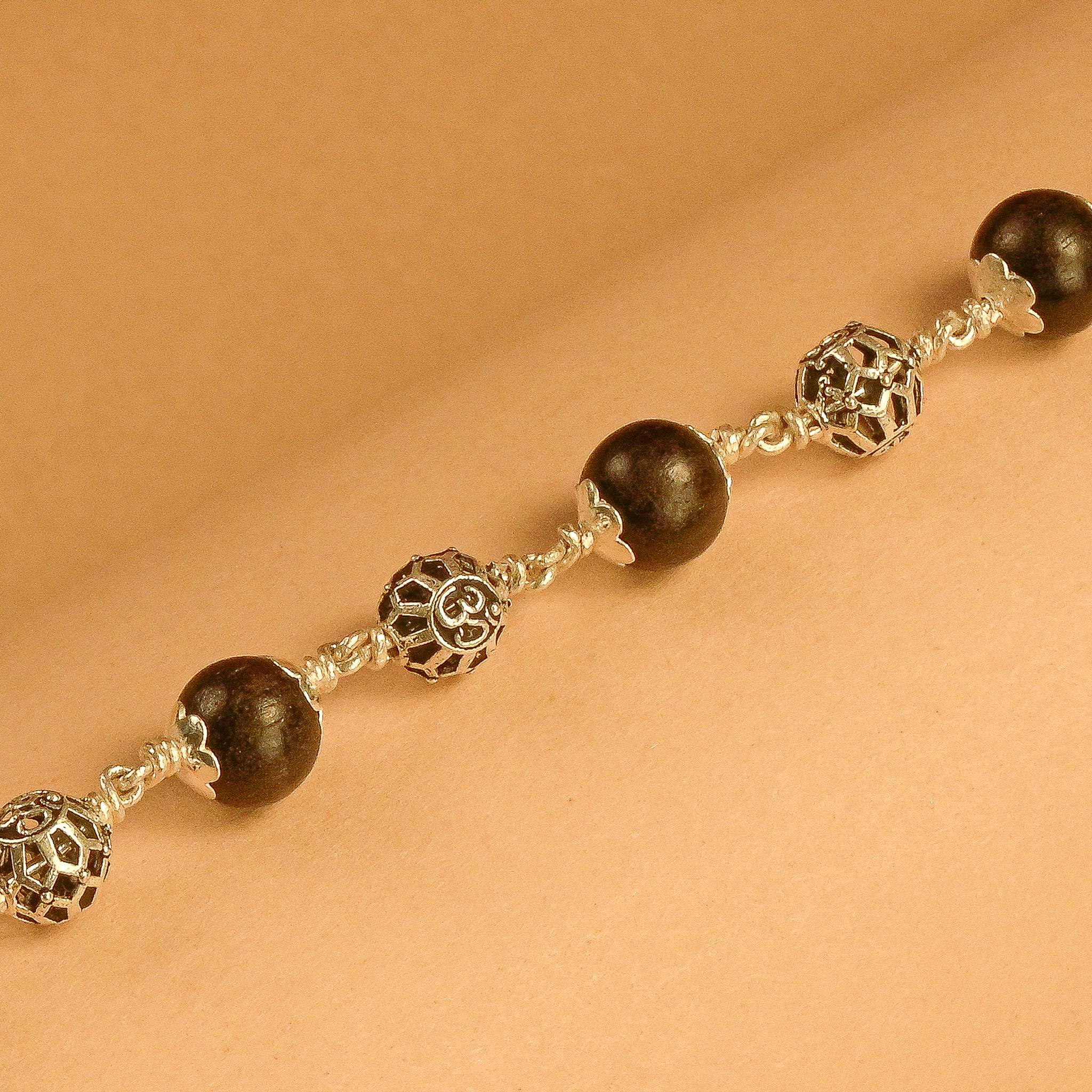 Karungali With Round Om Beads Silver Bracelet
