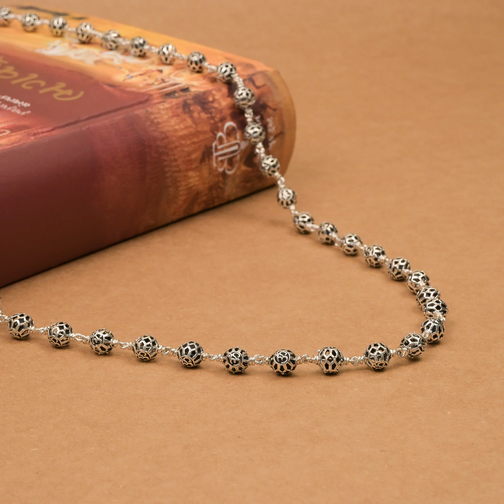 Round Om Silver Beads Mala - Image 2