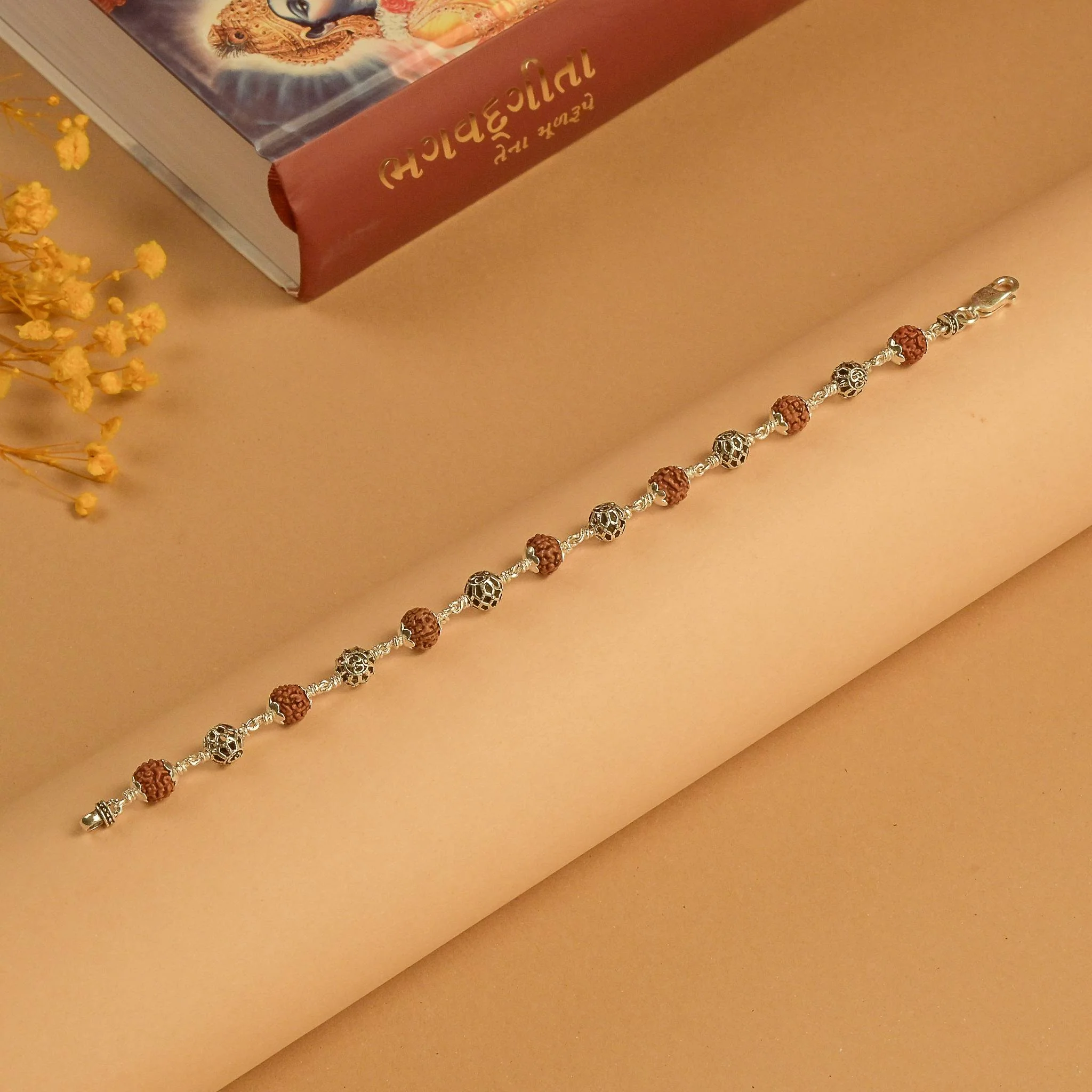 Rudraksha with Round Om Silver Beads Bracelet - Image 2