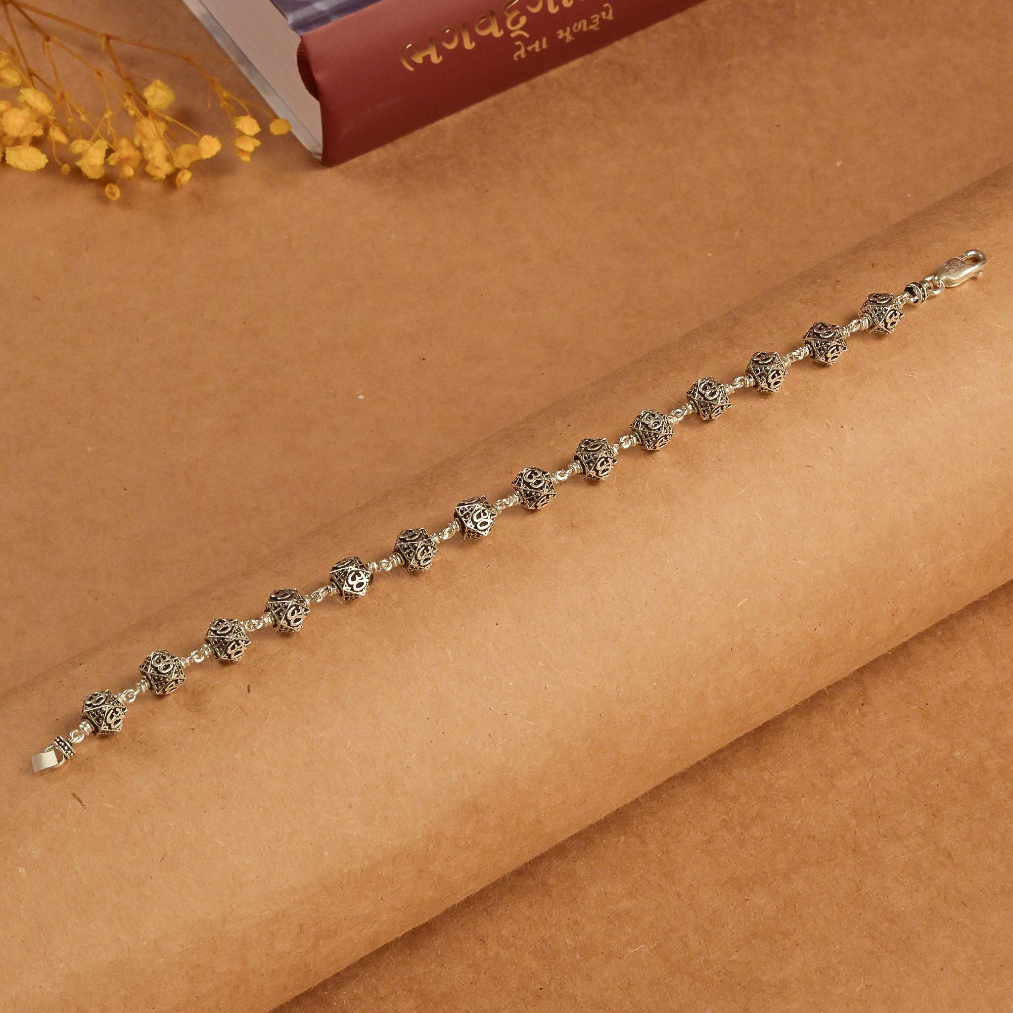 Hexagon Om Silver Beads Bracelet - Image 2