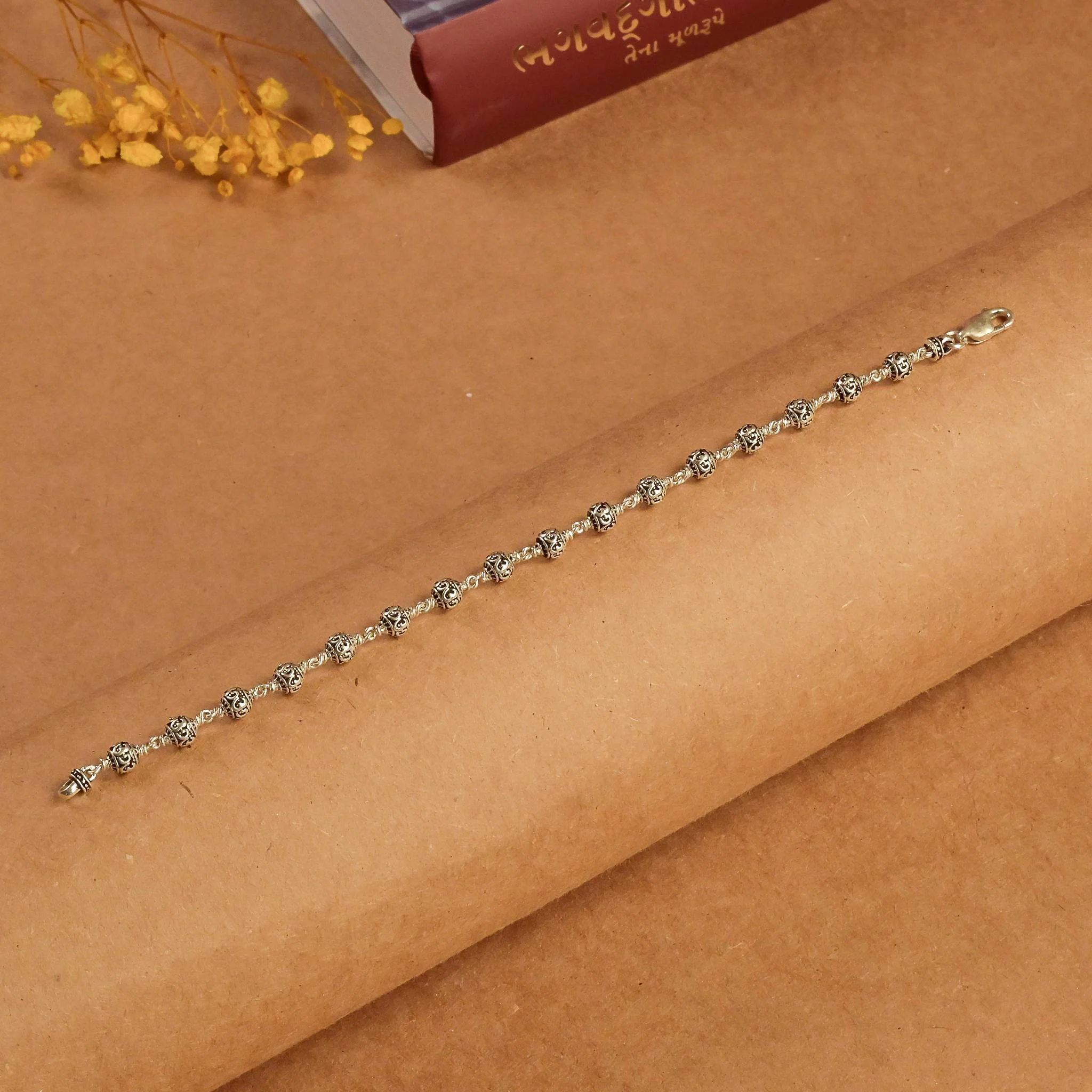 5-6 mm Om Silver Beads Bracelet - Image 2