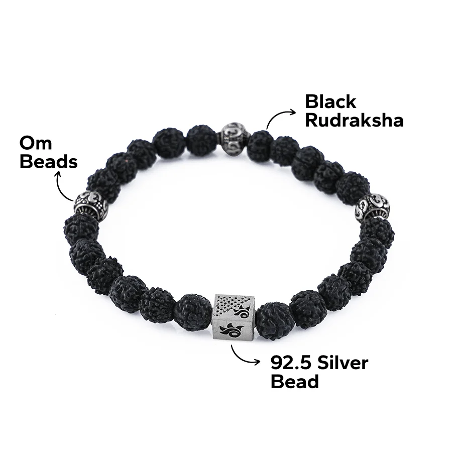 Black Rudraksha and Om Silver Beads Bracelet - Image 6