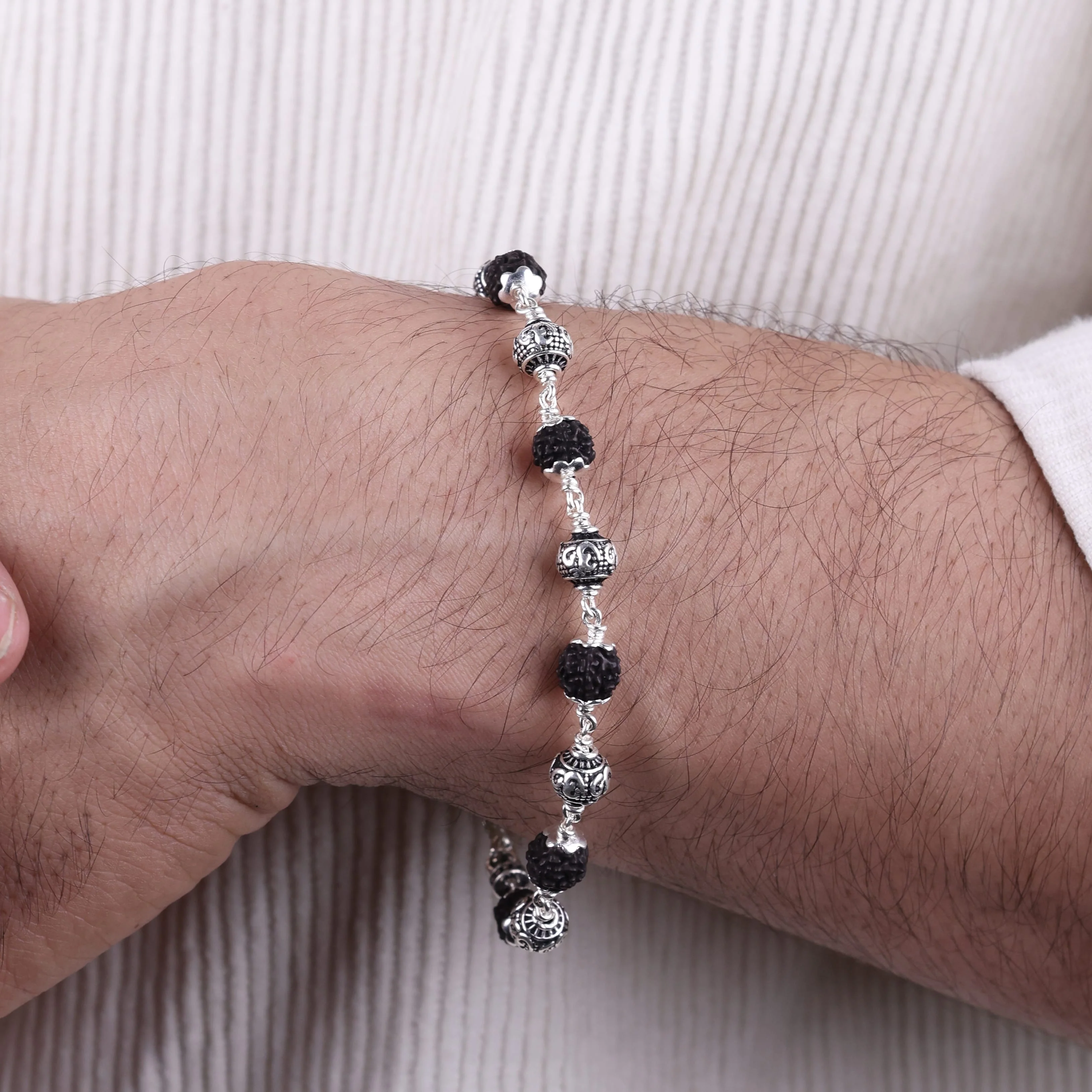 Black Rudraksha with Om Silver Bracelet - Image 3