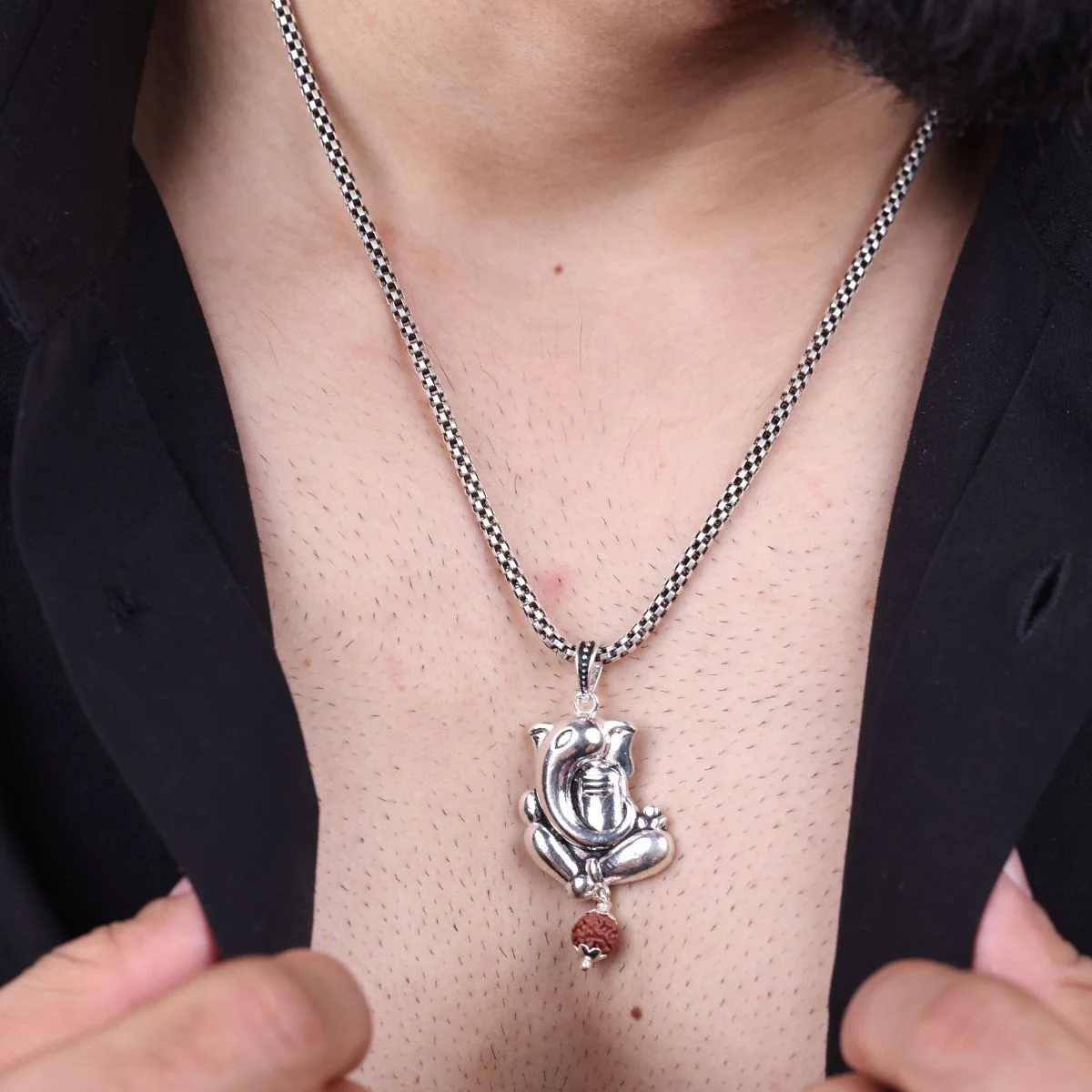Ganesha Shivling Rudraksha Silver Pendant - Image 3