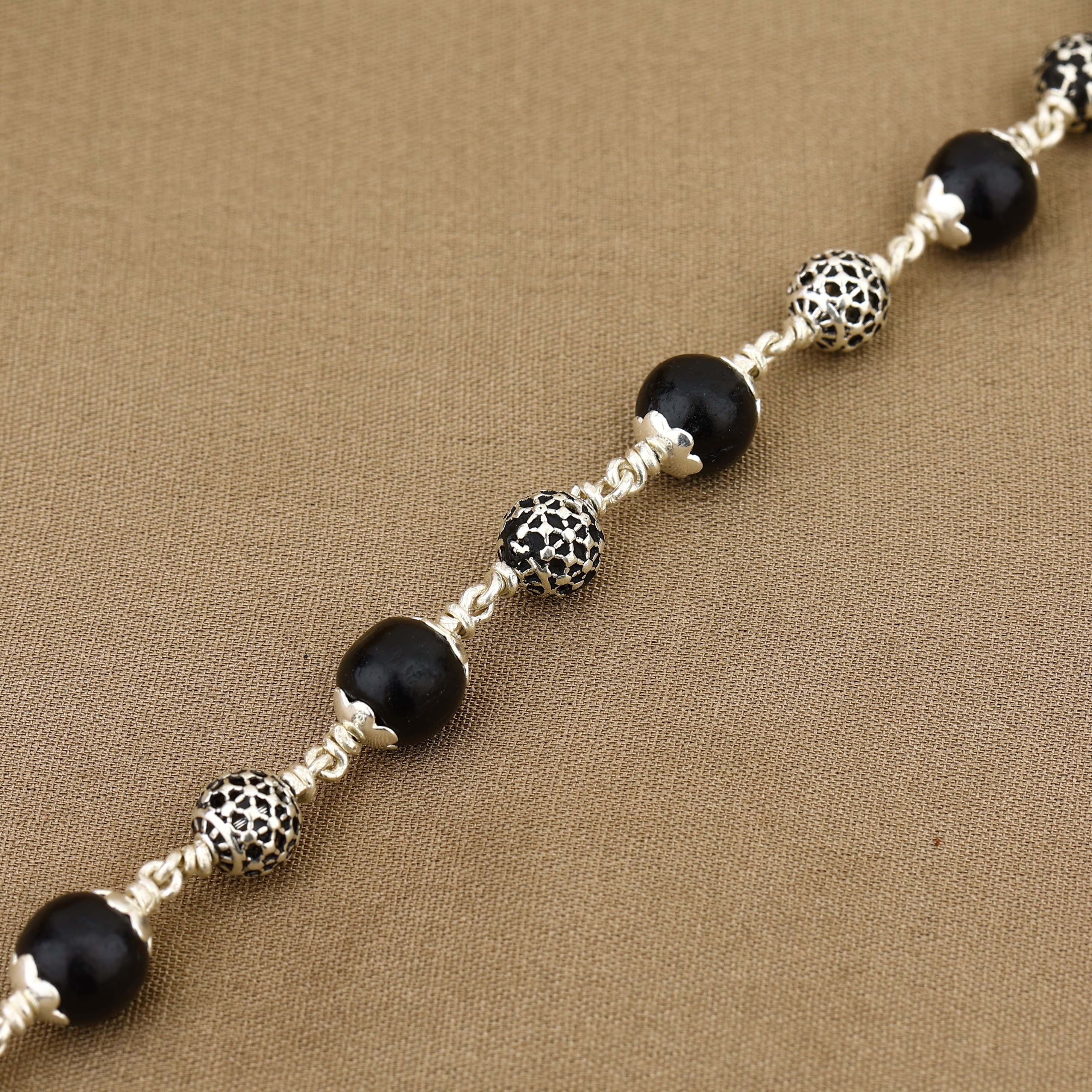 Karungali Silver Oval Beads Bracelet