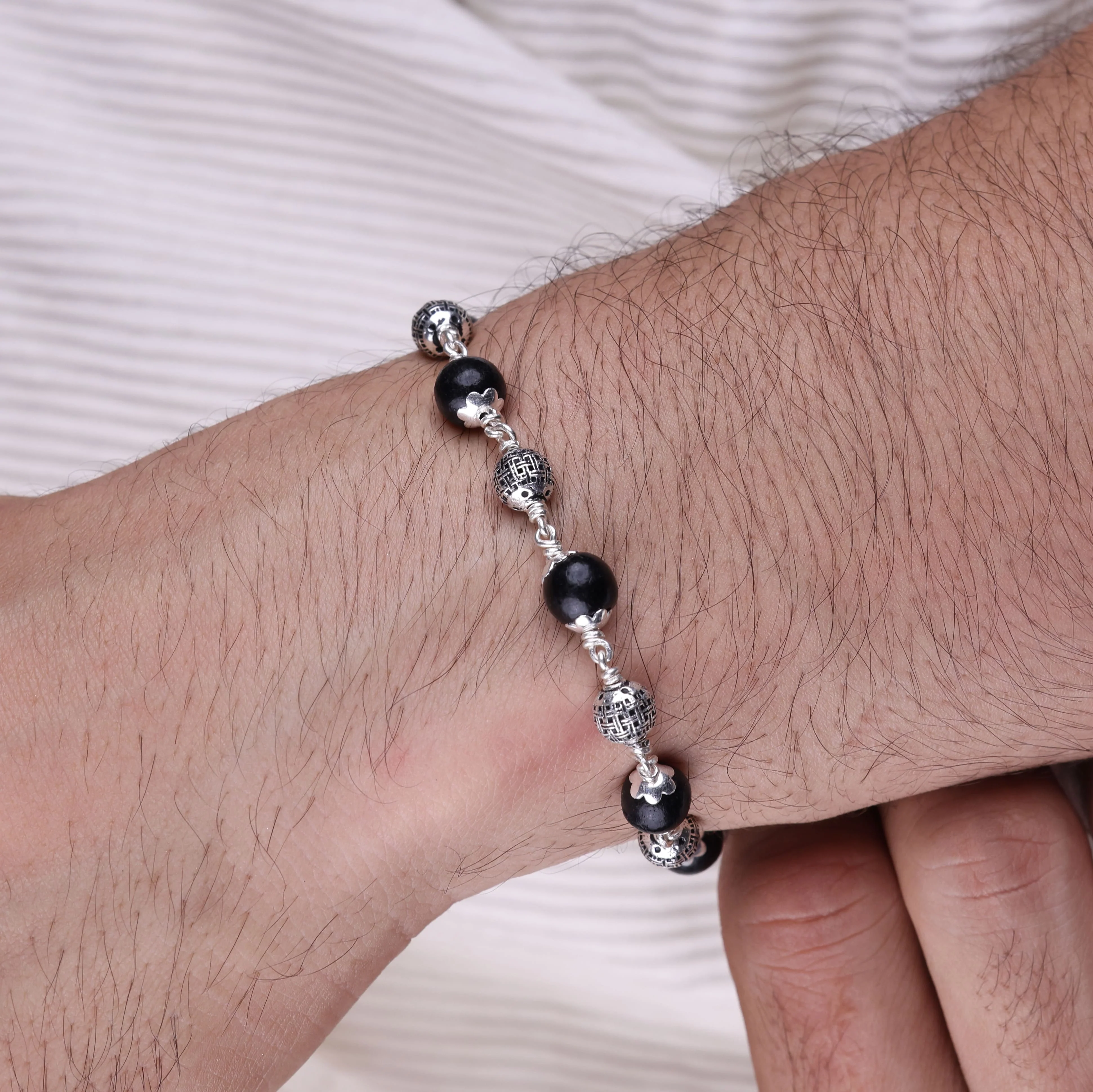 Karungali with Heavy Bead Silver Bracelet - Image 3