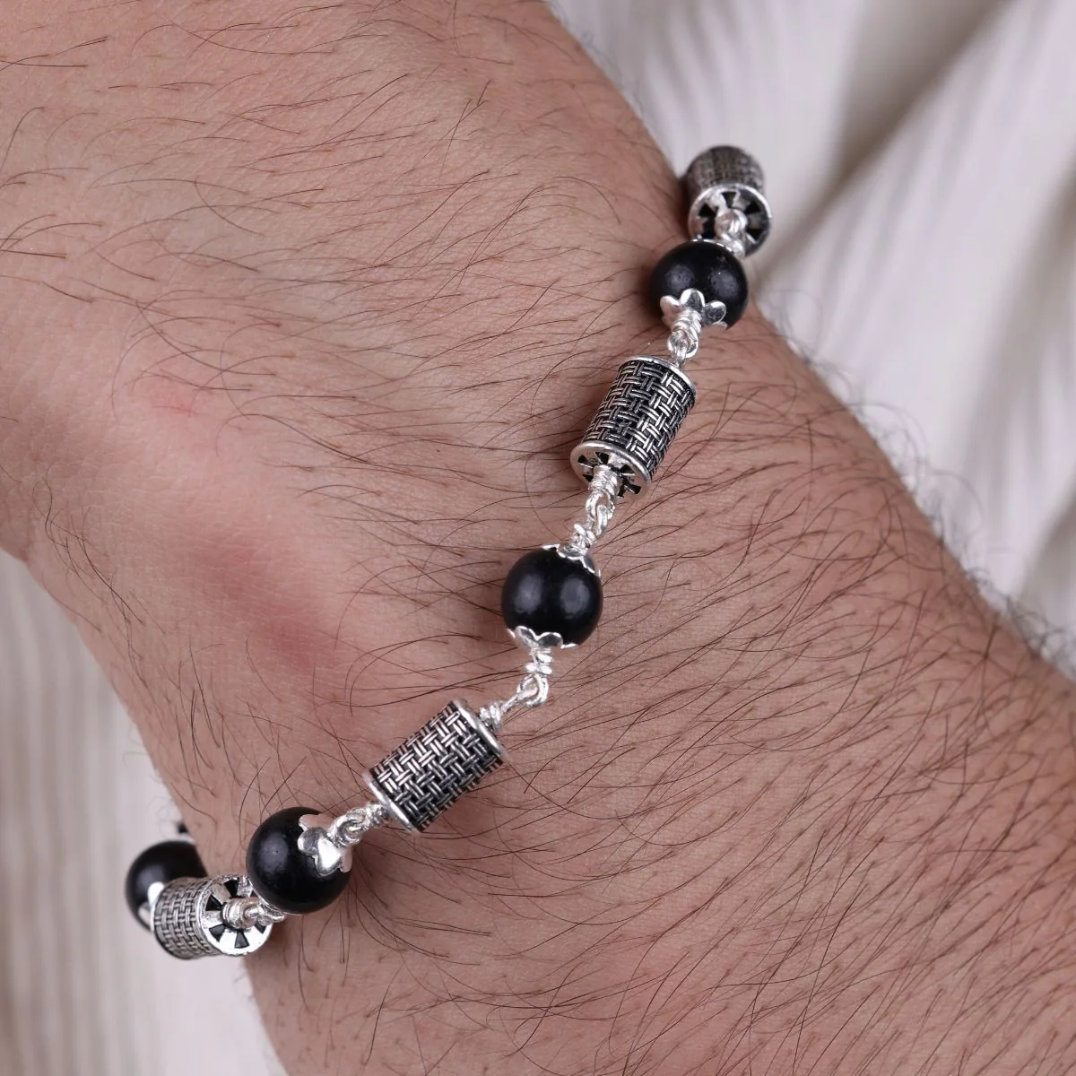 Karungali with Hollow Cylindrical Silver Bracelet - Image 3