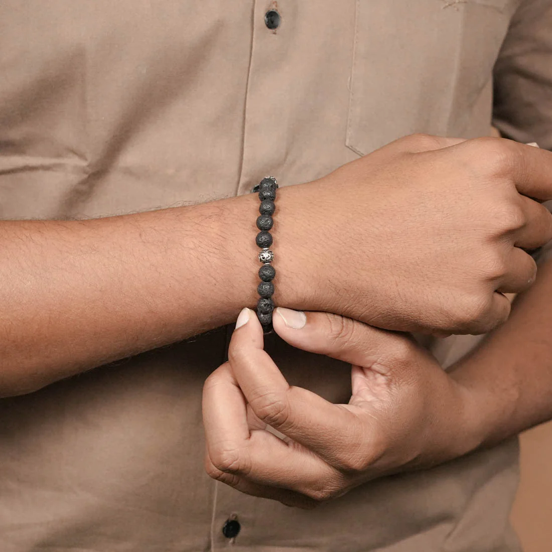 Lava Stone and Om Silver Beads Bracelet - Image 3
