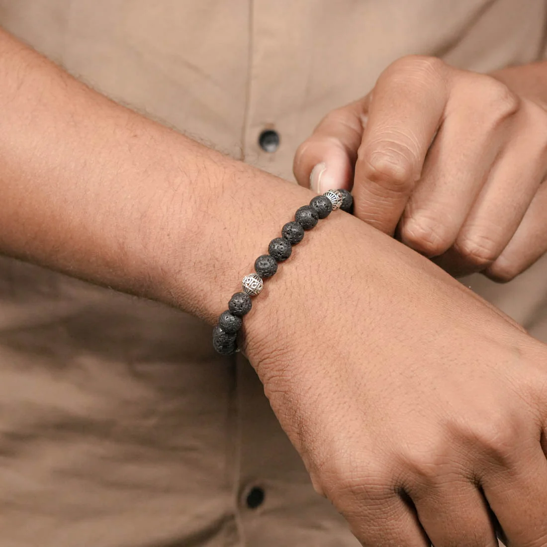 Lava Stone with Om Namah Shivay Silver Beads Bracelet - Image 3