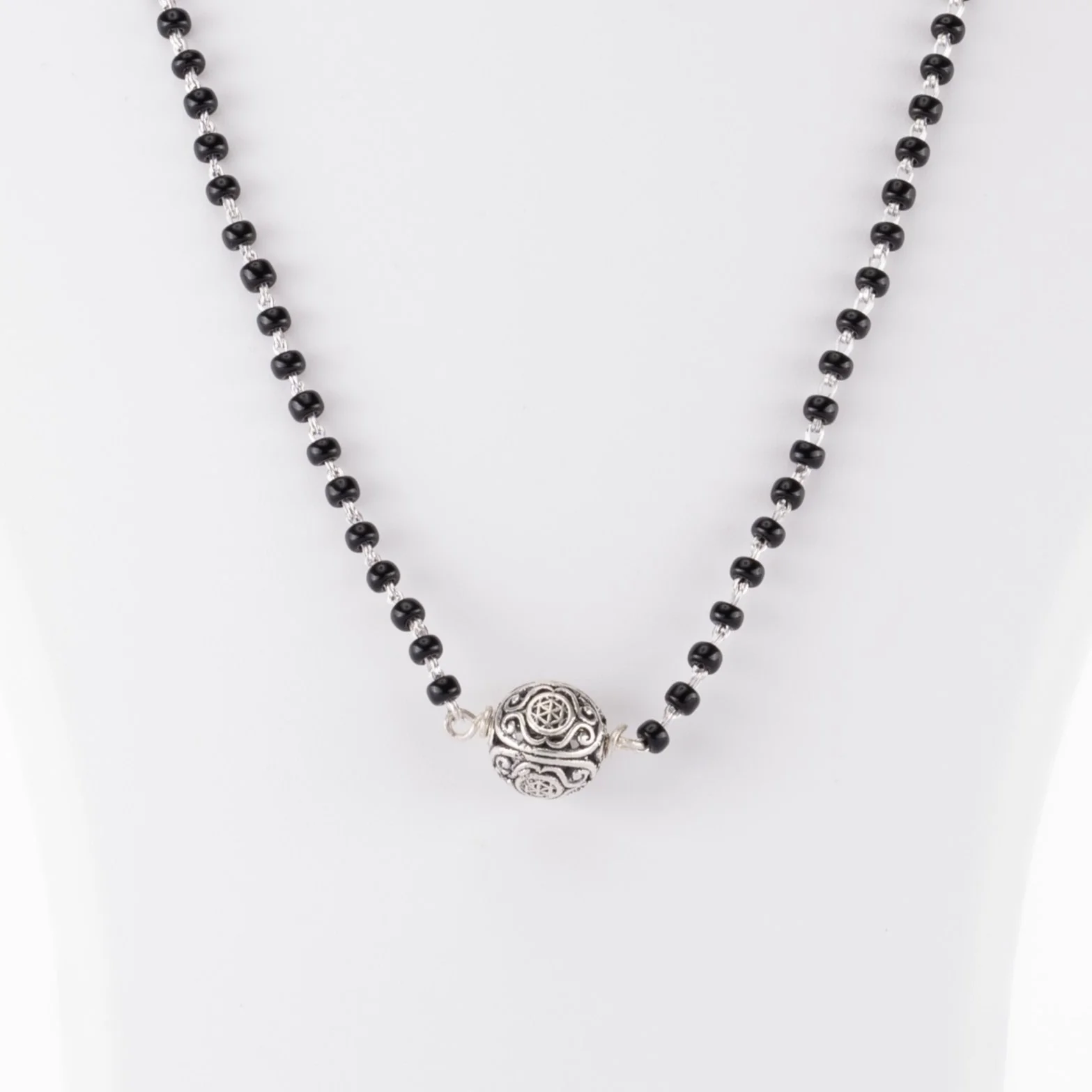 Original Black Beads Mangal Sutra with Silver Circular Pendant for Women - Image 2