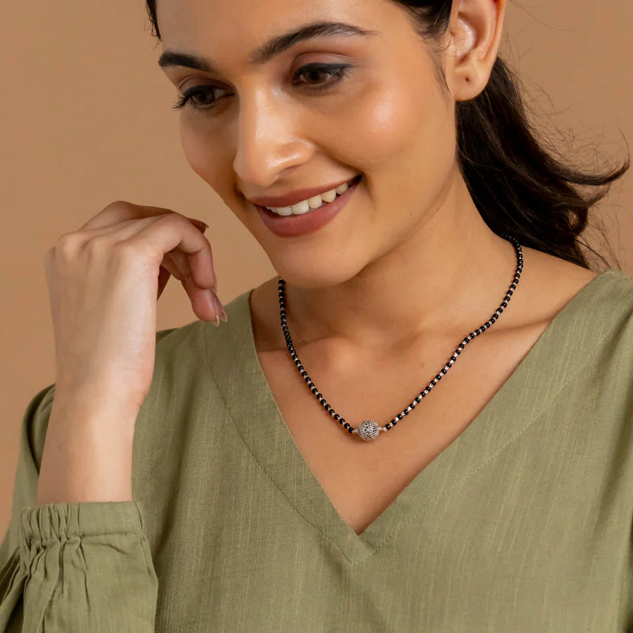 Real Black Beads Mangal Sutra with Beaded Silver Circular Pendant for Women - Image 3