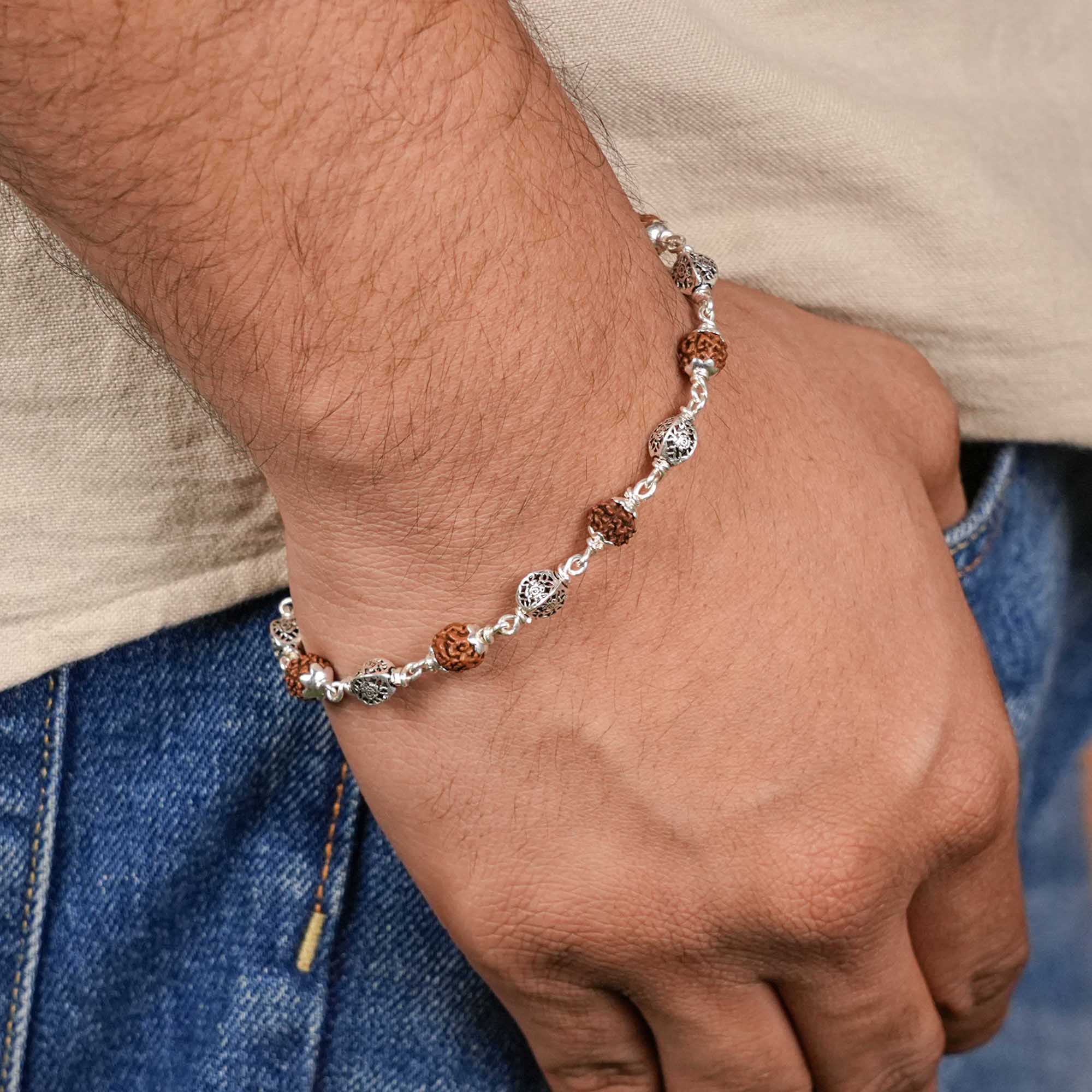 Rudraksha and Hollow Circular Silver Beads Bracelet - Image 2