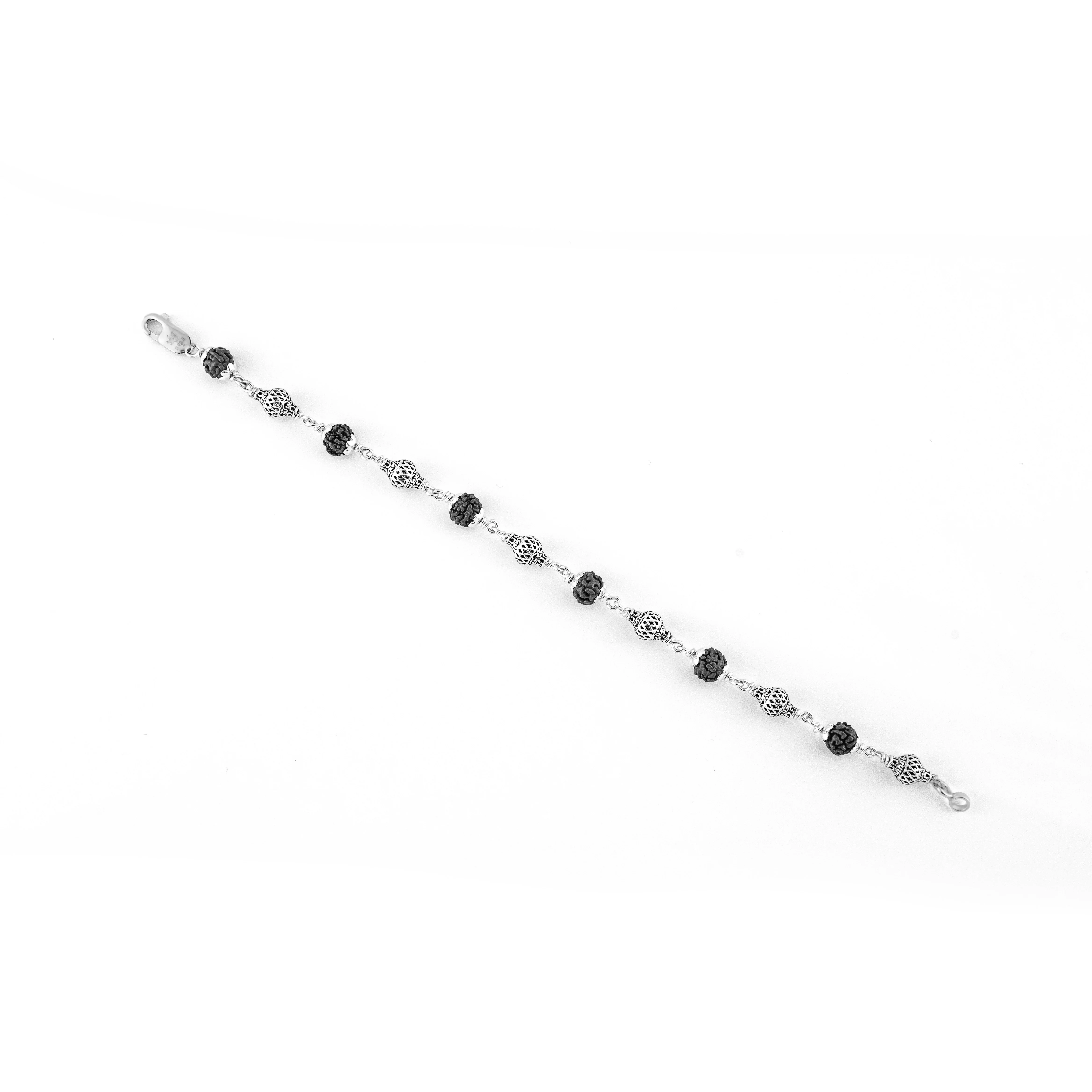 Rudraksha and Hollow Mesh Silver Beads Bracelet - Image 7