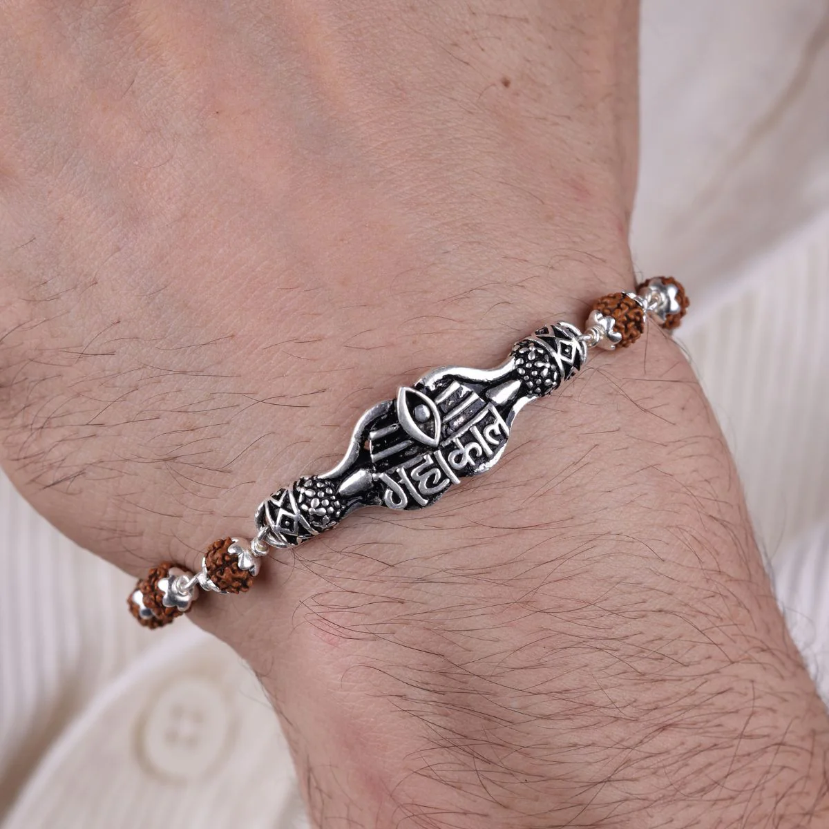 Rudraksha and Mahakal Broach Silver Bracelet - Image 3