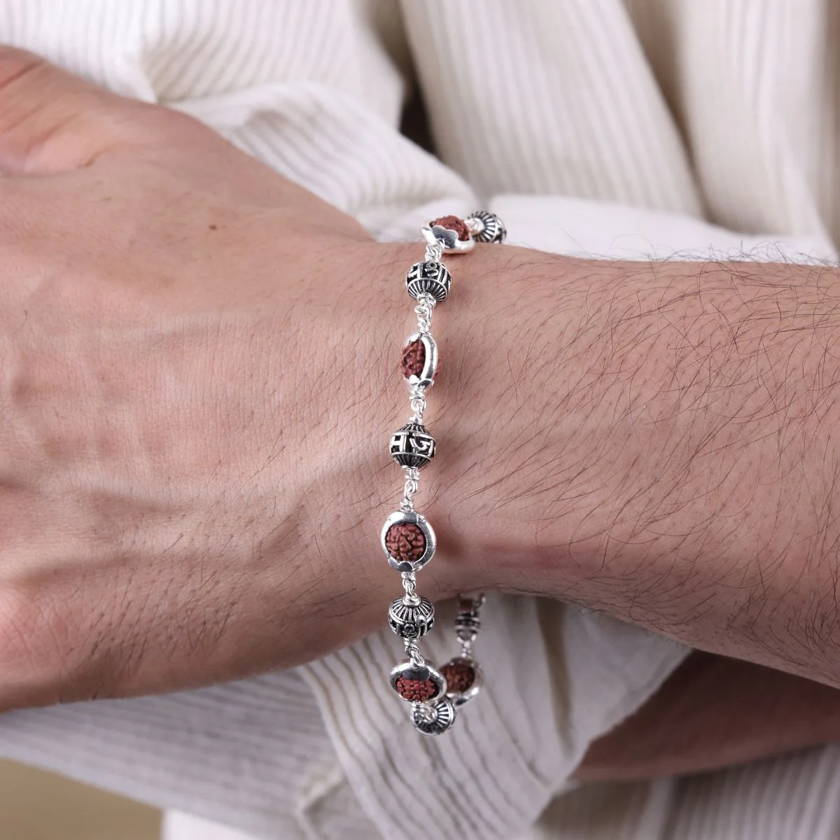 Rudraksha Capping Silver Jay Shree Ram Silver Bracelet - Image 3