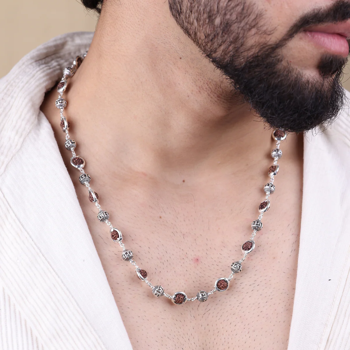 Rudraksha Capping With Jay Shree Ram Beads Silver Mala - Image 3