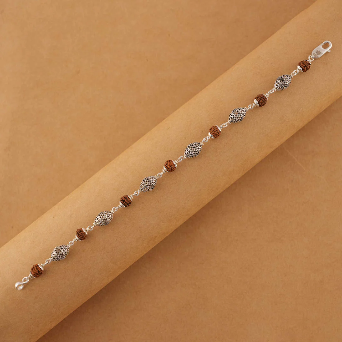 Rudraksha and Cylindrical Silver Beads Bracelet - Image 3