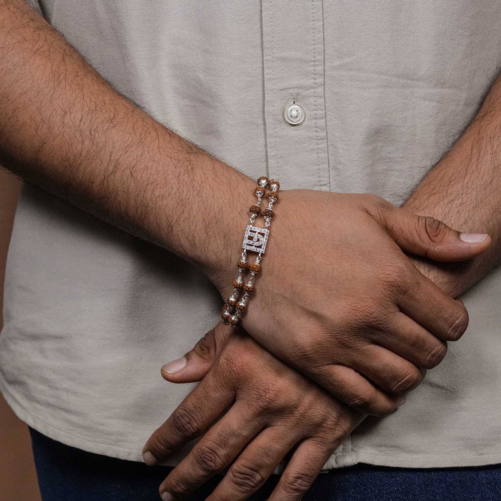 Rudraksha Silver BAPS Tilak Double Line Bracelet - Image 3