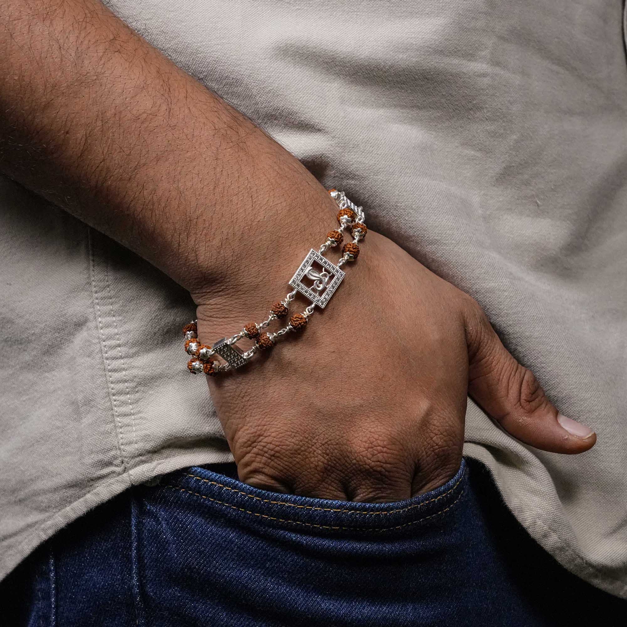 Rudraksha Silver Bracelet with Central Naag Double Line - Image 3