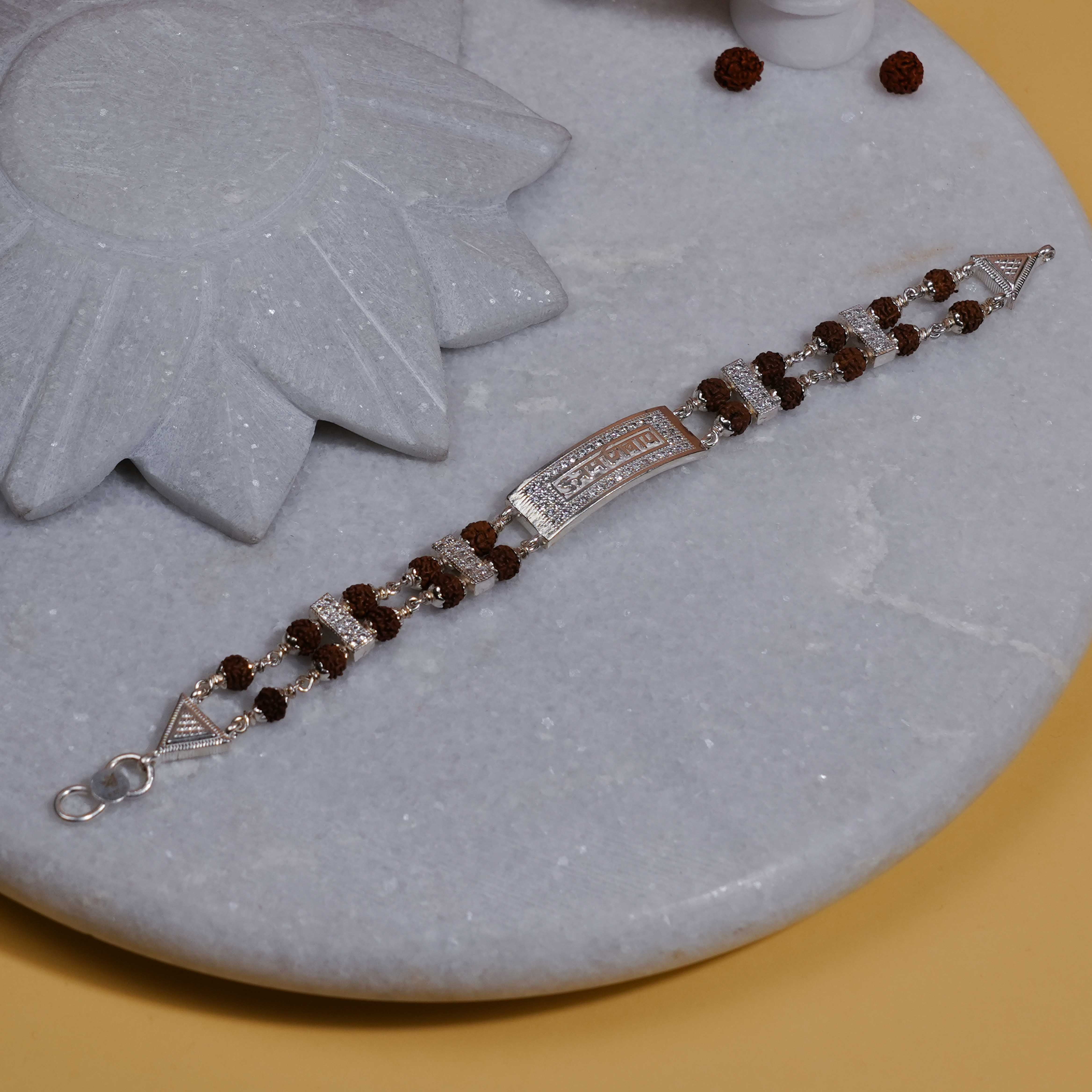 Rudraksha Silver Bracelet with Om Namah Shivaay in Rectangular Sphere Double Line - Image 2