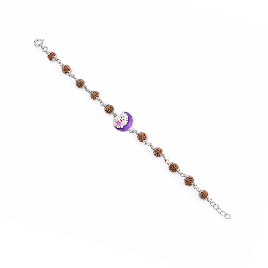 Rudraksha Silver Bracelet with Teddy and Moon Single Line for Kids - Image 3