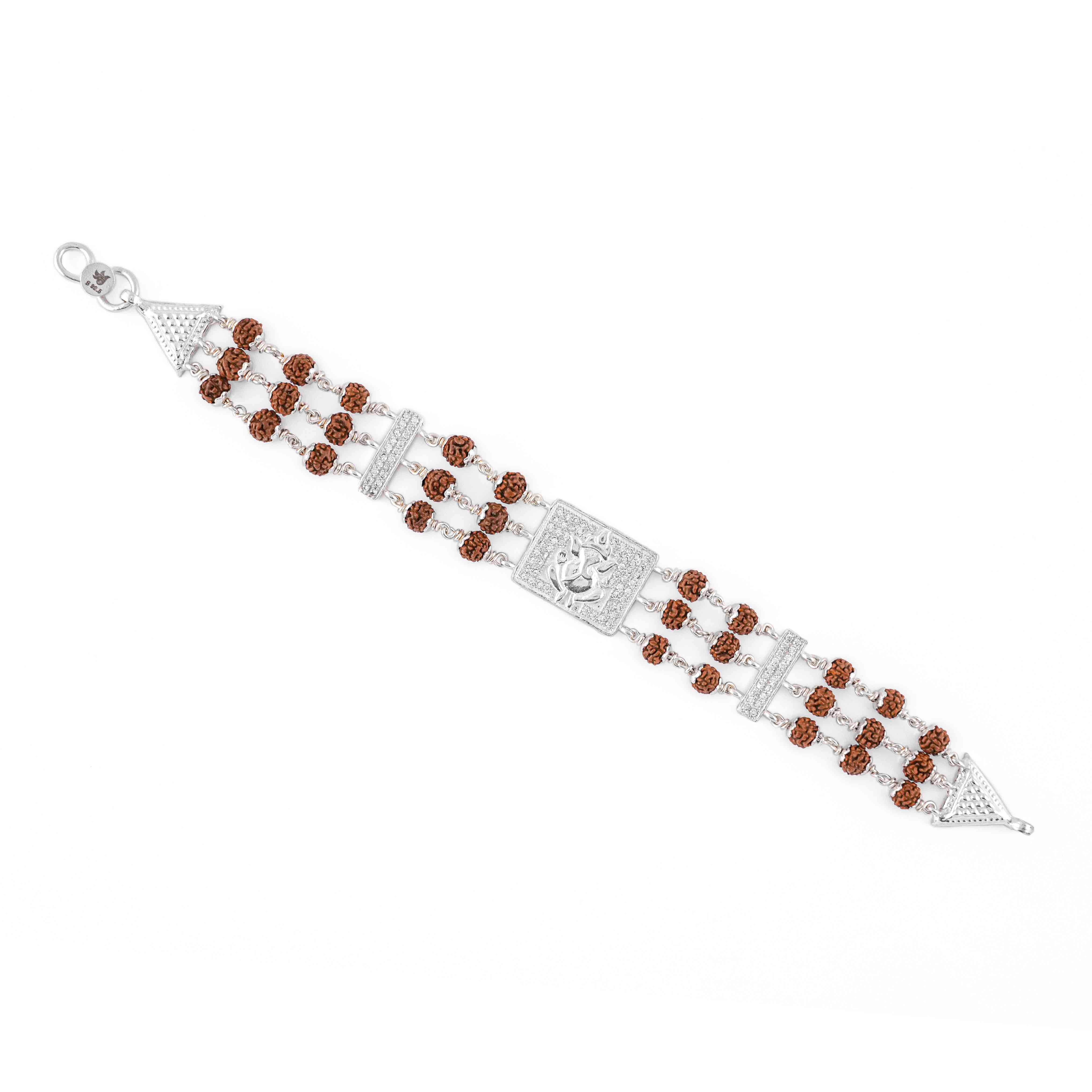 Rudraksha Silver Diamond Ganesh Triple Line Bracelet - Image 4
